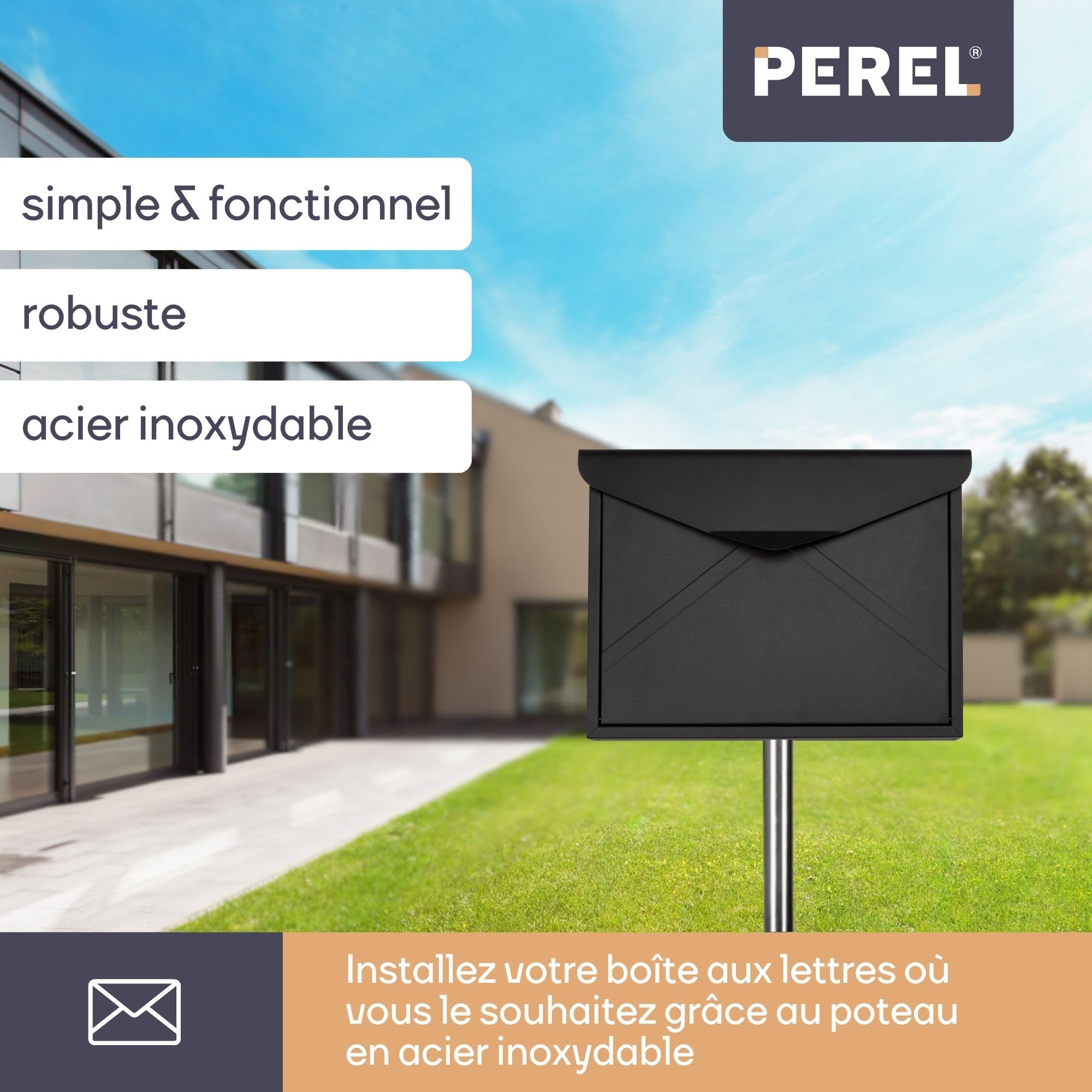 Perel Poteau pour boîte aux lettres, acier inoxydable, avec matériel de fixation, argenté, hauteur 150 cm