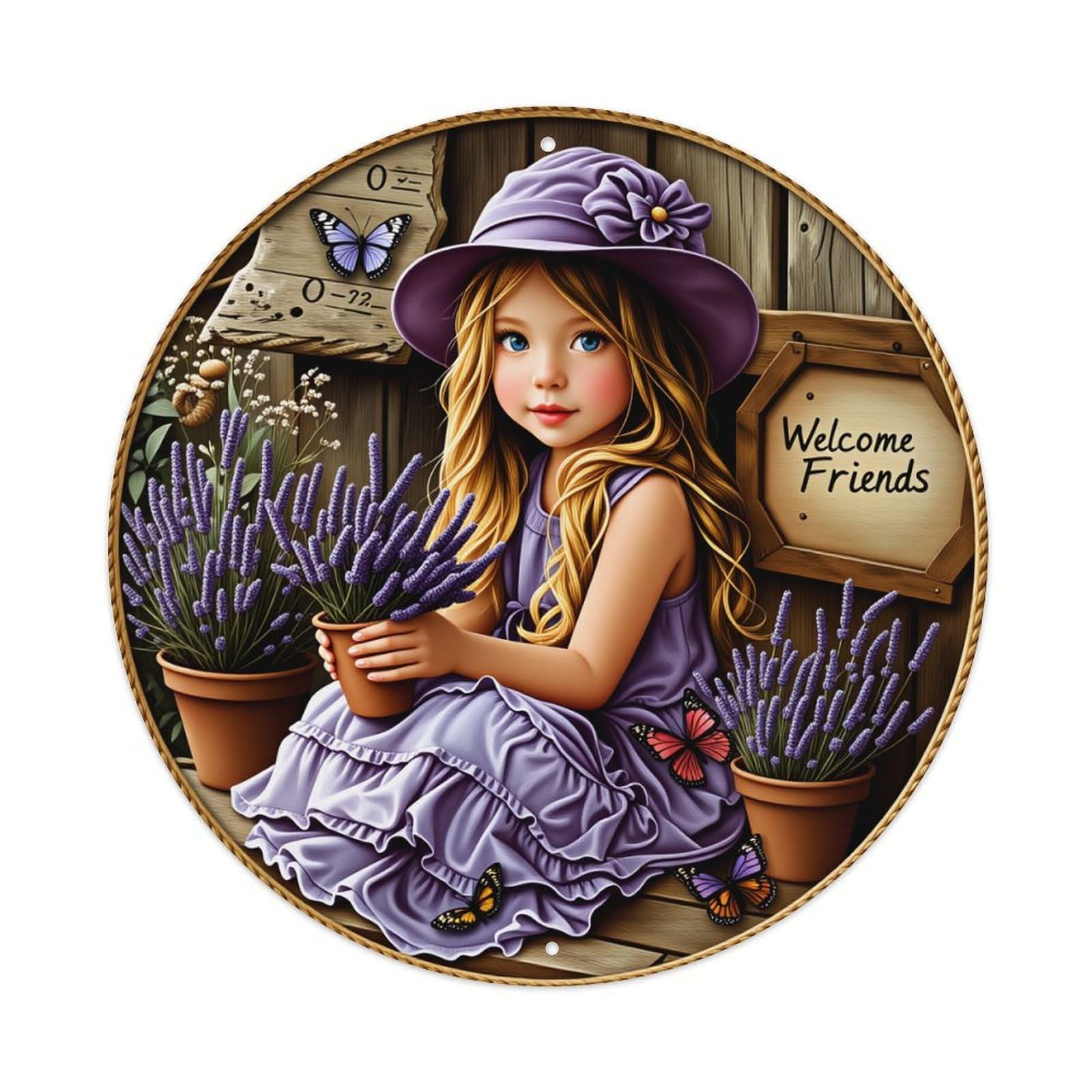 Girl Lavender Butterflies Garden Hat Metal Tin Sign Vintage Garden Bedroom Cafe Bar Man Cave Home Wall Decor Metal Poster 8x8 inches