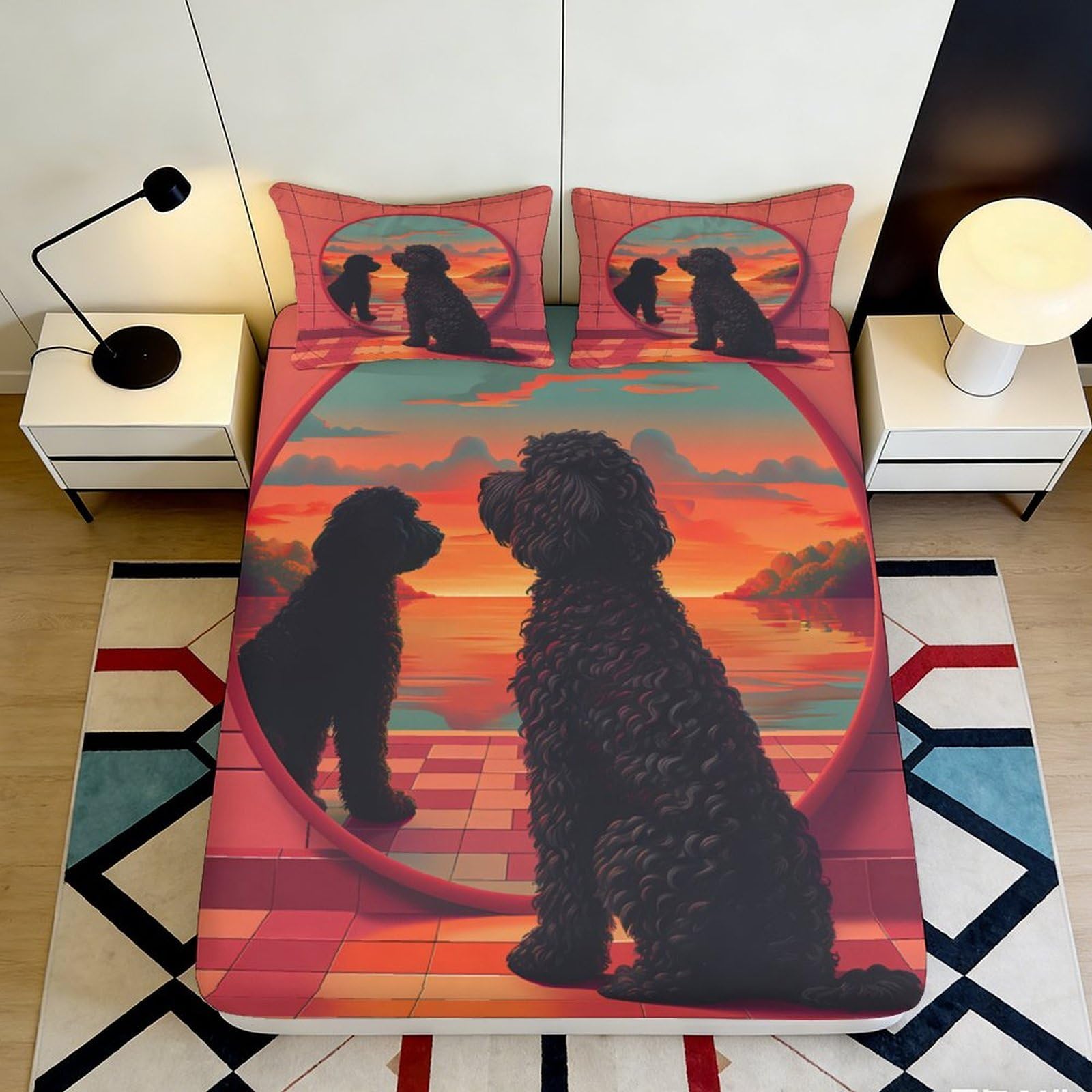 3D Printed Sunset Dog Silhouette Fitted Sheet Microfiber Soft Non Slip Bed Cover for Bedroom Guest Room Decor 160x200x25cm