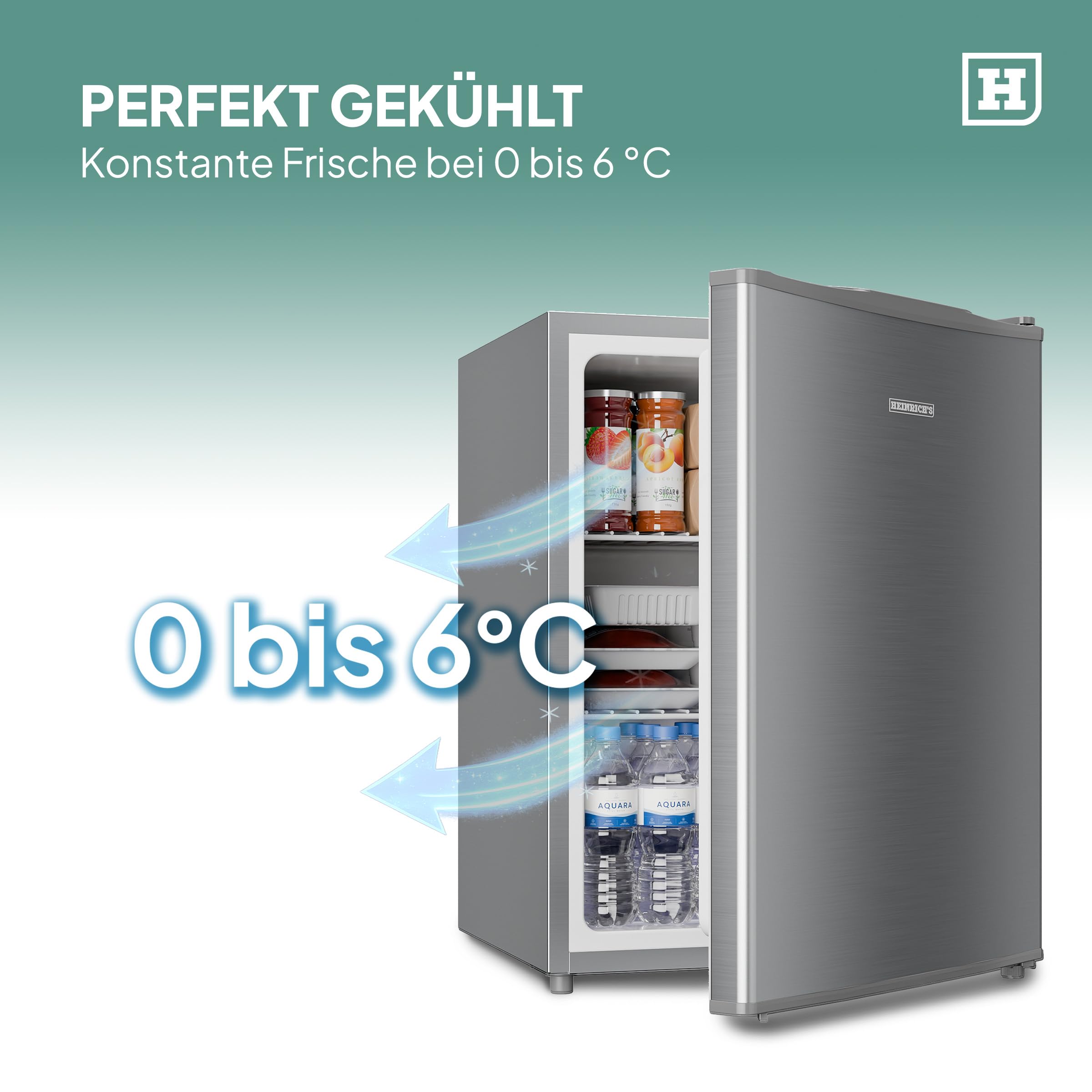 Heinrich´s Getränkekühlschrank 58L,klein, Mini-Kühlschrank für Dosen, Flaschen, Snacks, modernes Design, Tisch-Kühlschrank, leise:39dB geeignet für Büro, Camping, Garten, Outdoor, Hotels, Schlafzimmer