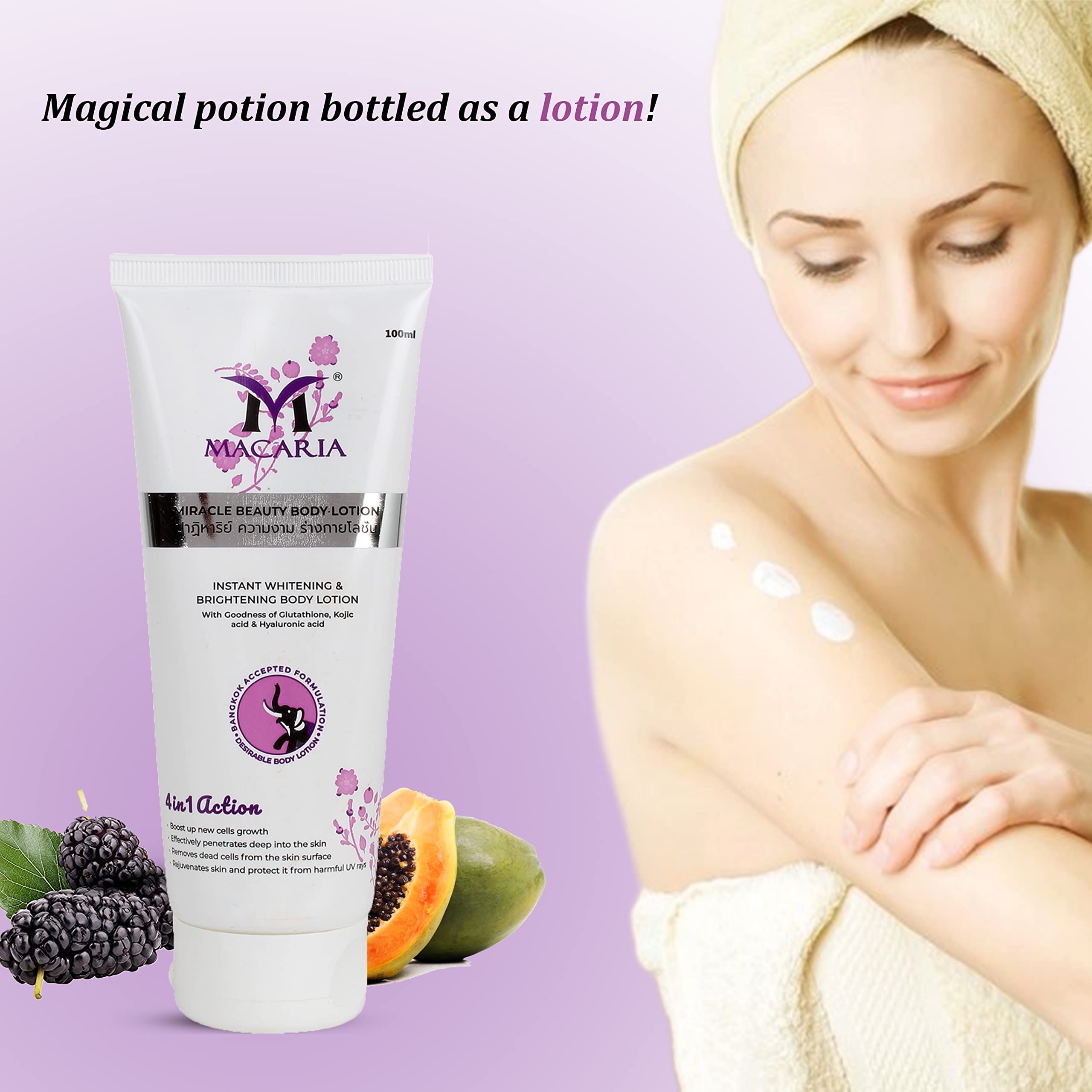 Miracle Beauty Instant Whitening Body Lotion for Women and Men, to Lighten Dark Skin with Kojic Acid Glutathione, to Relieve Pigmentation and Moisturize Skin with Hyaluronic Acid, 100 ml Beauty