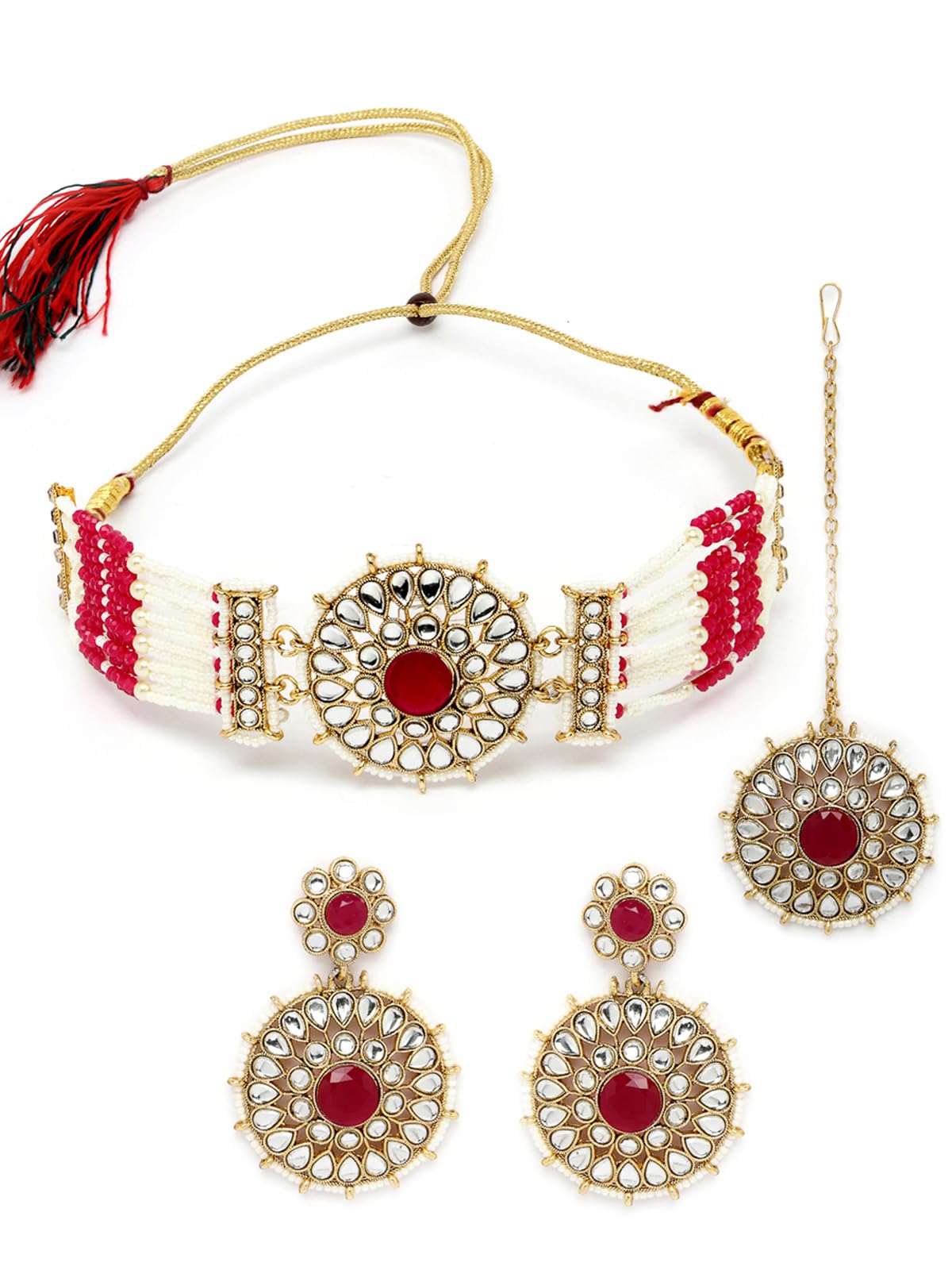 Sukkhi Decorative Round Shaped Rani Pink Kundan & Beads Choker Necklace Set With Earring And Maangtika | Jewellery Set For Women (NS105501) (B0CBBC19NQ) Amazon Price History, Amazon Price Tracker