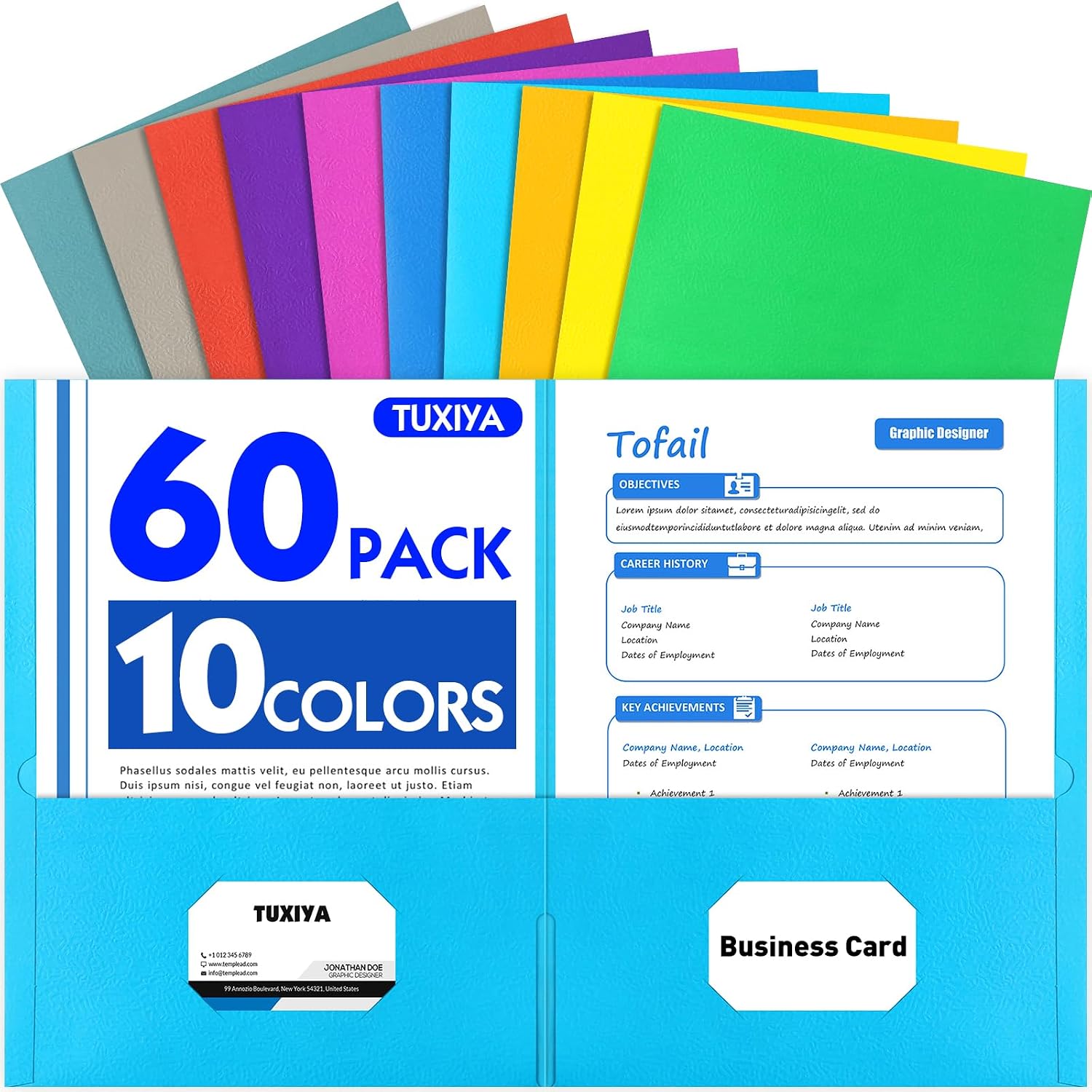 TUXIYA Folders with Pockets, 2 Pocket Folders 60 Pack, Assorted 10 Colors,