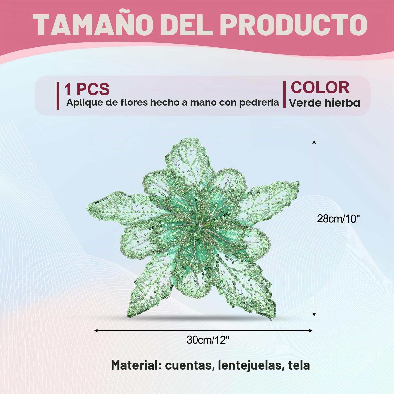 PATIKIL Pedrería Hecha a Mano, Parches de Encaje de Flores con Lentejuelas y Cuentas Cosidos en Aplique de Encaje de Cristal con Cuentas para Vestidos de Novia Ropa Bricolaje Verde Hierba