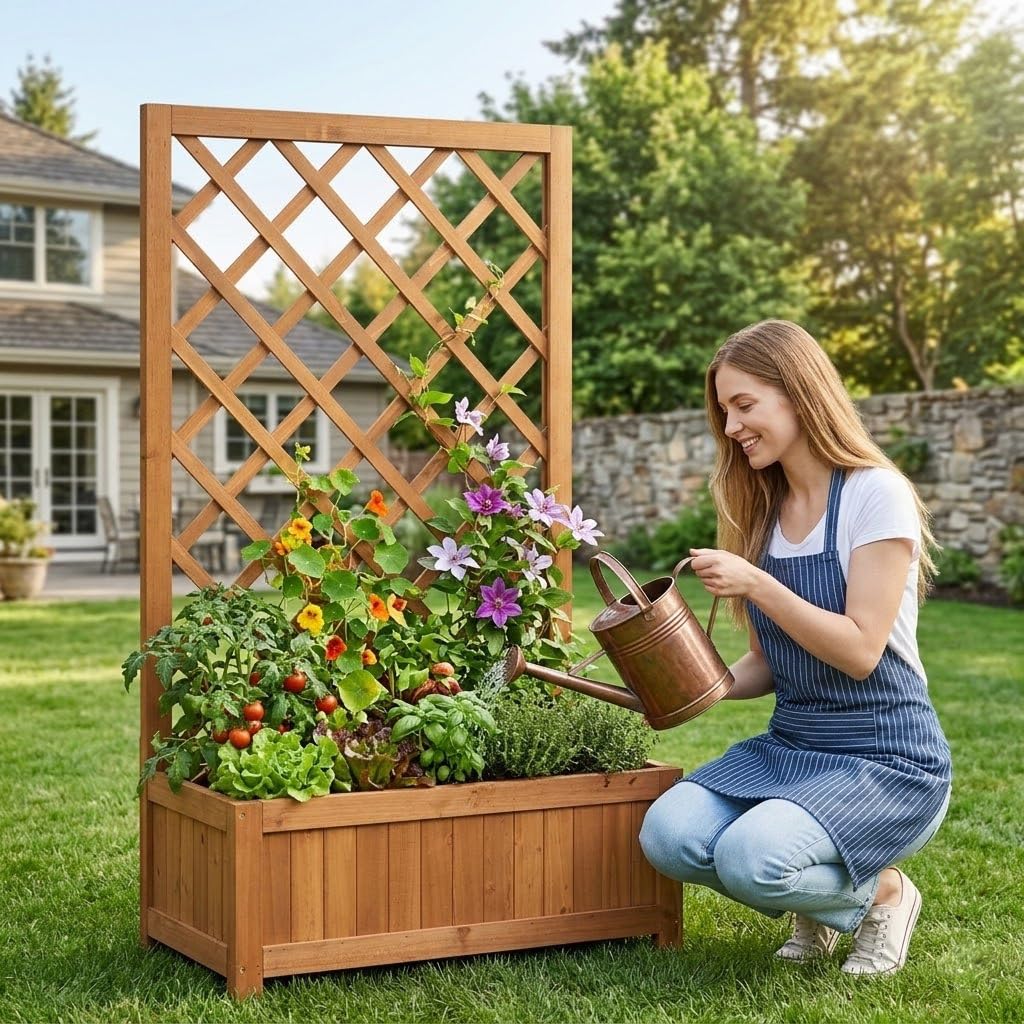 Aiuola rialzata con traliccio in legno, fioriera con supporto per piante rampicanti, aiuola verticale da giardino per fiori, verdure ed erbe, fioriera per balcone, terrazza e giardino, altezza 100 cm