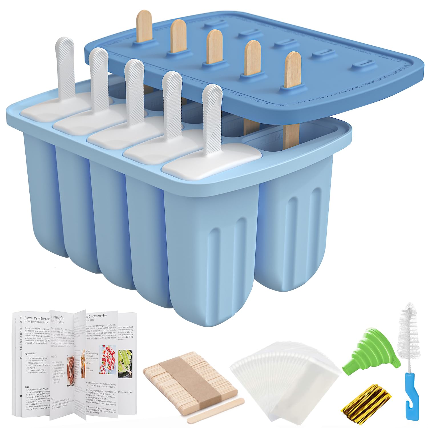 Ice Lolly Mould 10 Pieces Silicone Popsicle Mold BPA Free Homemade Reusable Ice Cream Moulds with 50 Wooden Sticks,50 Bags,10 Reusable Sticks, Funnel,Brush and Recipe (Blue)