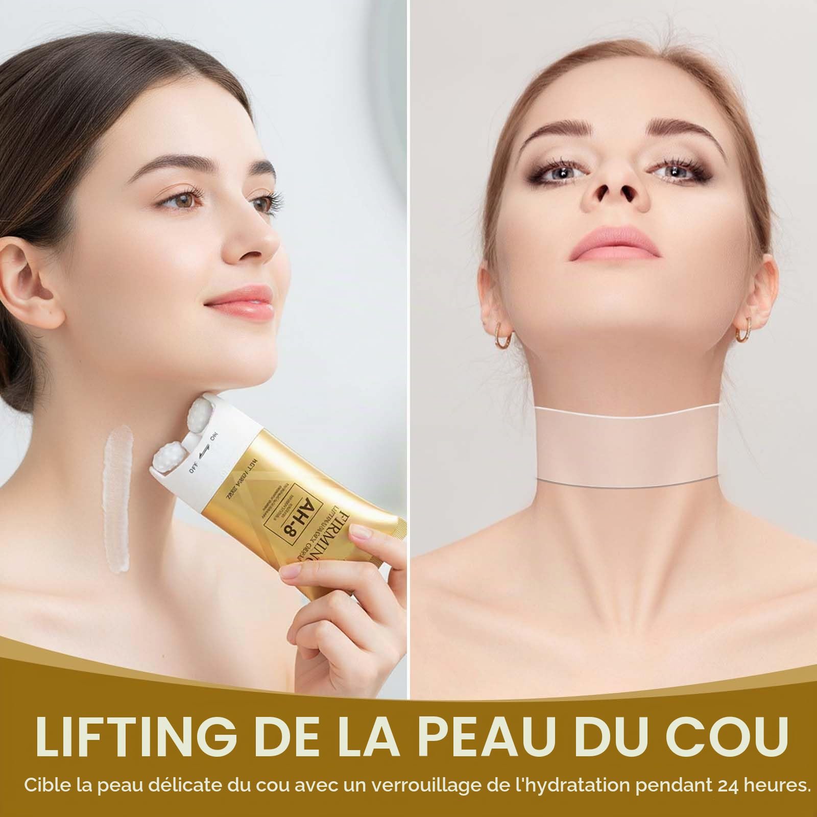 AH-8 Creme Raffermissante pour le Cou, Combattre le Double Menton, Crème Raffermissante avec Rouleau et Patch pour le Cou, Nourrit la Peau