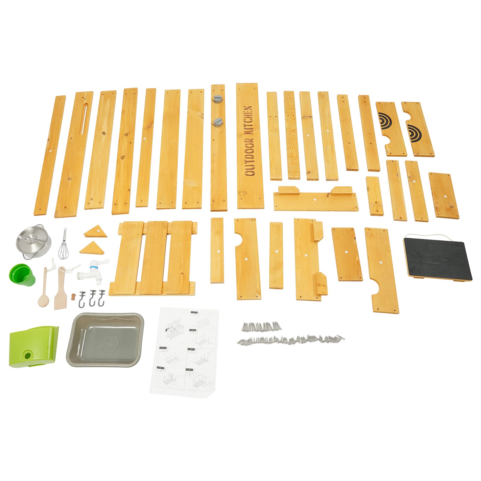 Matschküche Kinder Outdoor Holz Spielküche mit Echtem Waschbecken Küchenzubehör, Gartenspielzeug mit Wasserspender und Töpfen, Mud Kitchen für Gießen Sensorisches Spielen, Montessori Lernspielzeug