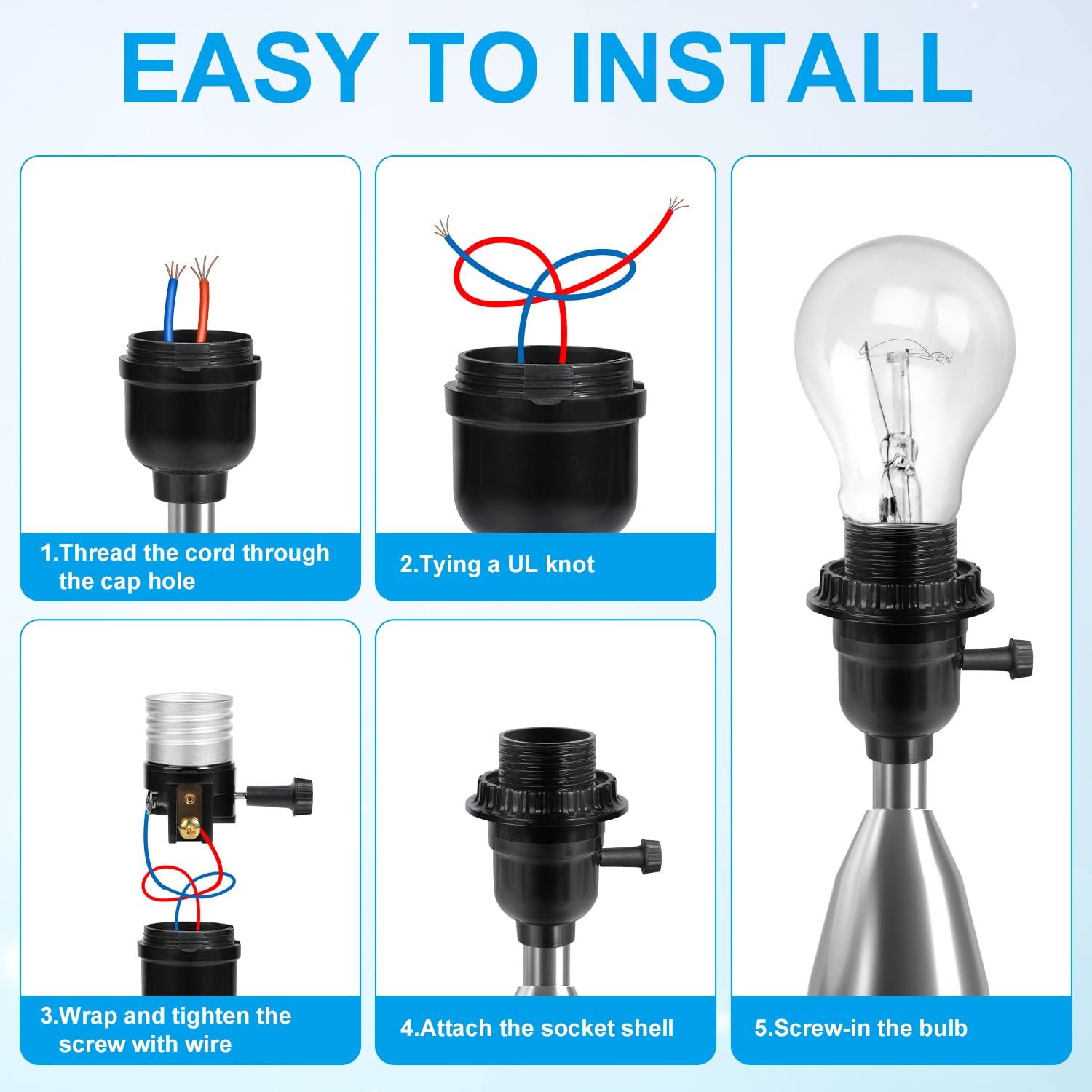 E26 Light Socket, Threaded Lamp Socket with Switch On/Off Medium Base Lamp Socket Replacement Parts with Lamp Shade Ring for Table Lamp, Floor Lamp, DIY Lamp Repair, 2 Set
