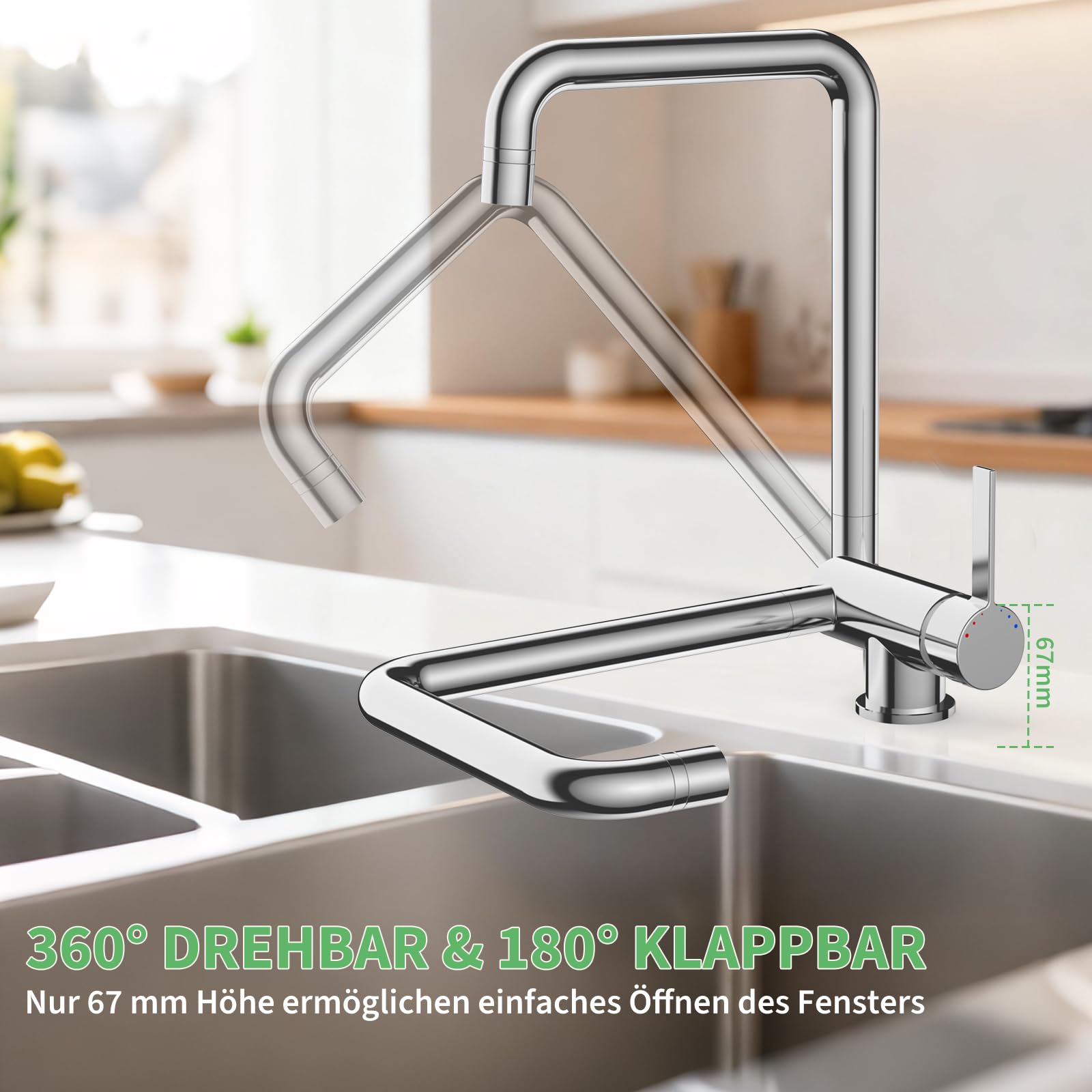 Wasserhahn Küche Klappbar 180°, Vorfenster Küchenarmaturen mit 2 Strahlarten, Wasserhahn umklappbar 360° schwenkbar Einhebelmischer Fensterarmatur (Chrom, Klappbar/Kein Niederdruckhahn)