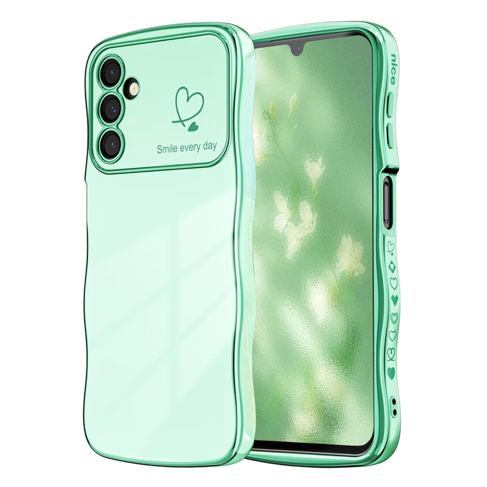 NITITOP Compatible with Samsung Galaxy A24 4G Case Cute Luxury Women Girls Men with Love Heart Electroplated Pattern Curly Wave Frame Raised Camera