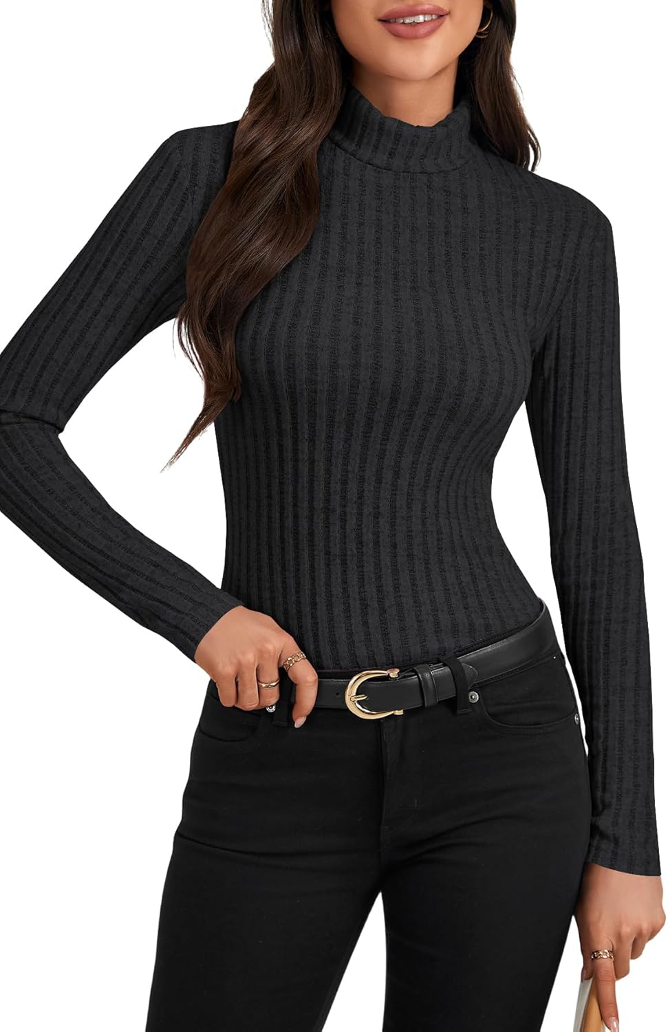 LYANER Women's Turtleneck Long Sleeve Pleated Fitted Fleece Ribbed Knit Thermal Undershirts Tee - Image 2