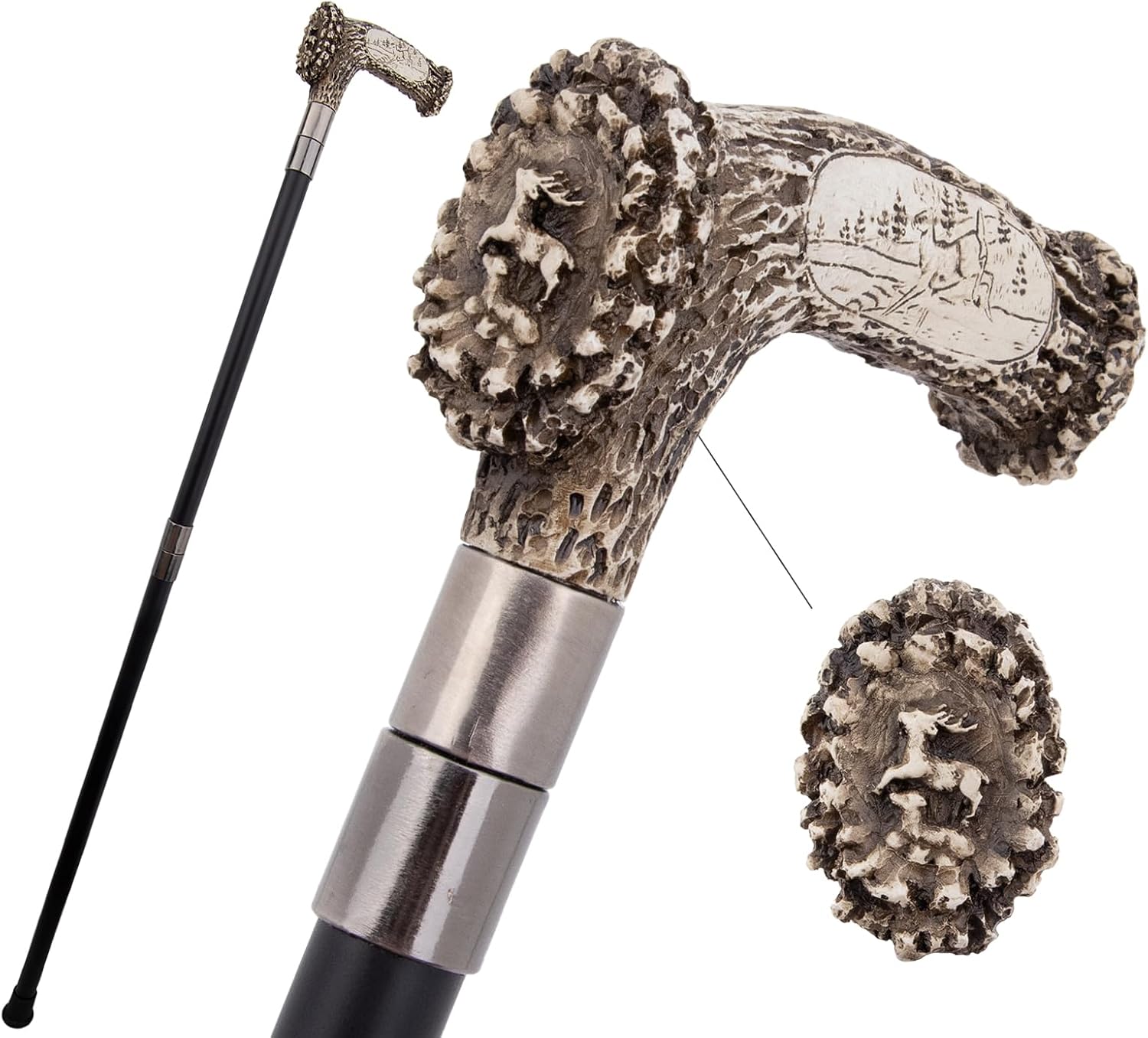 Silver Resin Deer Tree Root Head Walking Cane Fashion Decorative Steel Stick Gentleman Elegant Cosplay Cane Knob Crosier 94cm