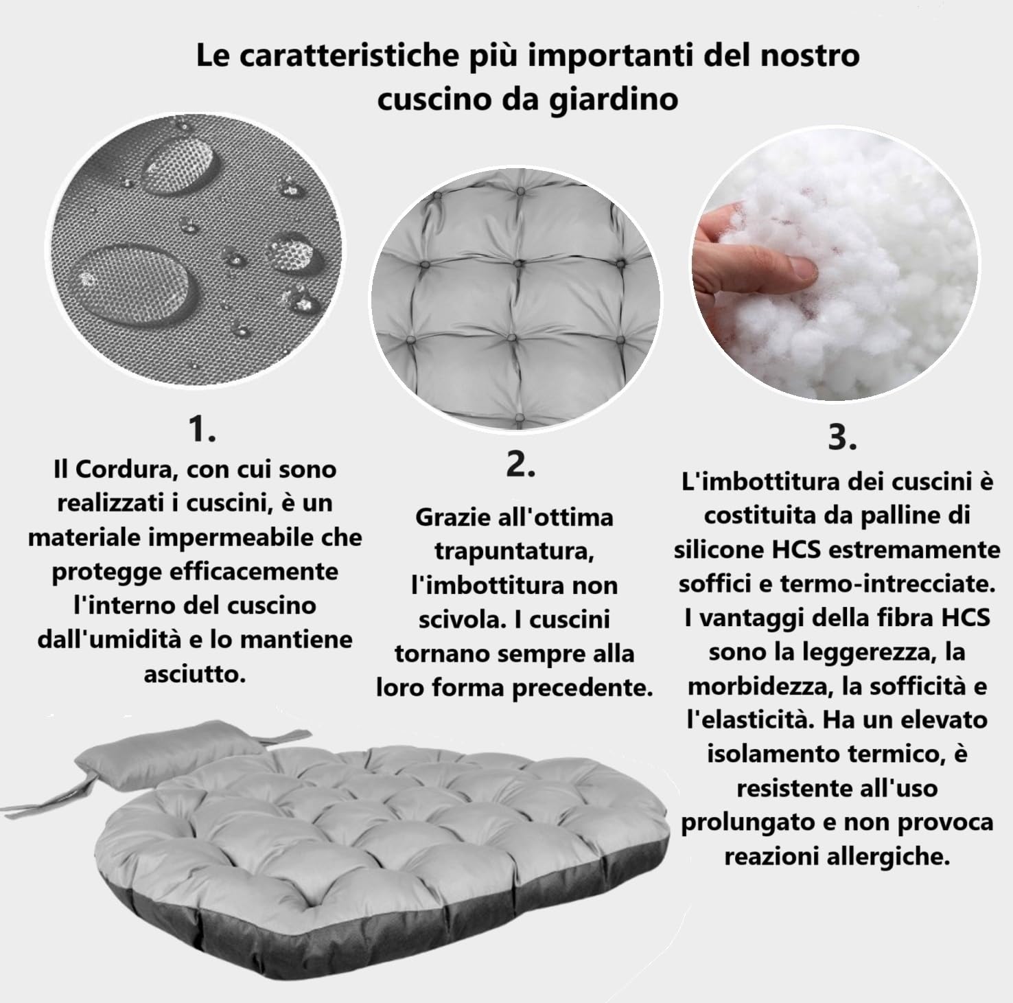 Cuscino imbottito per poltrona sospesa da giardino, con poggiatesta imbottito in polyrattan, imbottitura trapuntata, facile da pulire, impermeabile