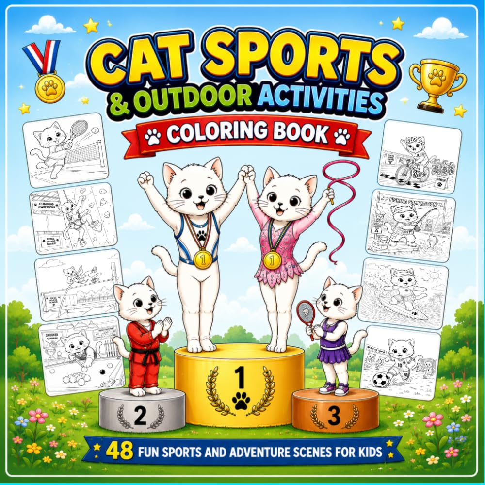 CAT SPORTS & OUTDOOR ACTIVITIES Coloring Book: 48 Fun Sports and Adventure Scenes for Kids