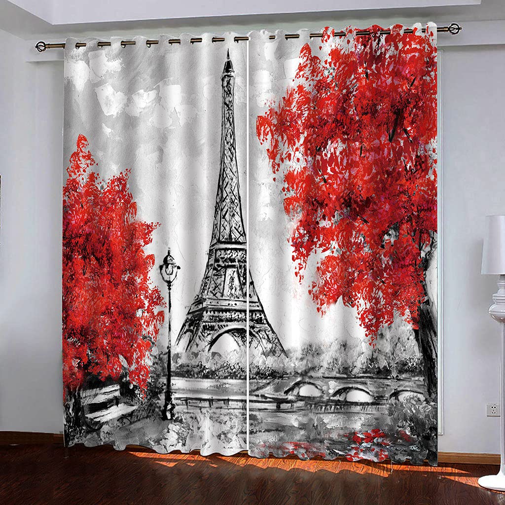 Rideaux thermiques anti-chaleur et froid | Paire de draperies opaques à œillets Tour Eiffel