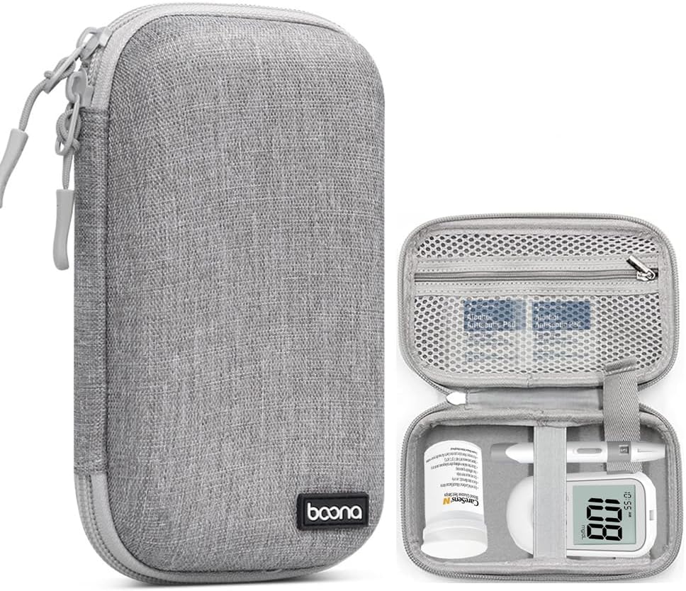 Small Protective Hard Shell Diabetic Supplies Travel Case Testing Kit Organizer for Glucose Meter, Test Strips, Lancing Device, Lancets, Blood Sugar Monitoring System, Diabetes Supplies Bag (Gray)