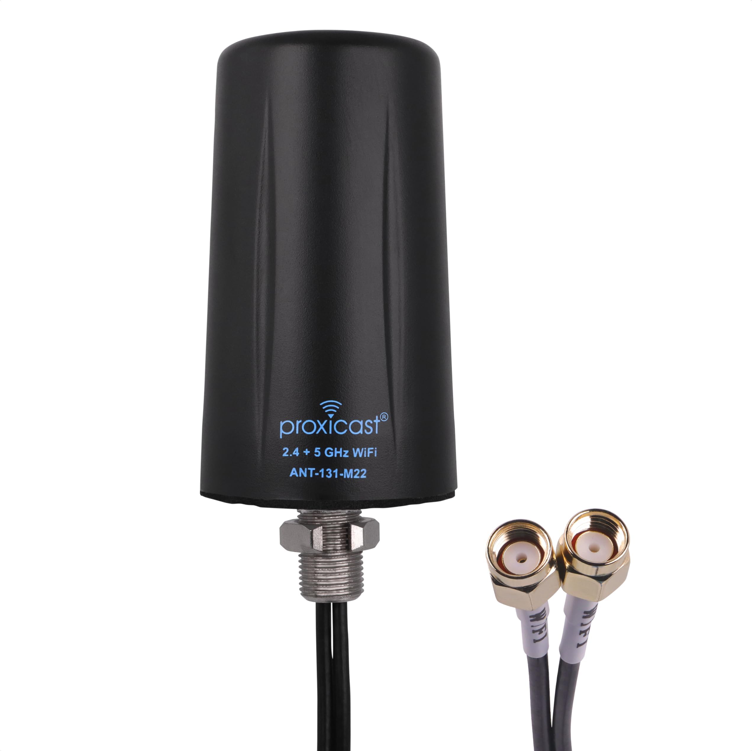 Proxicast Indoor/Outdoor 2x2 MIMO Omnidirectional WiFi Antenna - Tri-Band 2.4/5.8/6 GHz - 3-5 dBi Gain - Vandal Resistant Low Profile Fixed Through-Hole Mount - 10 ft Coax Lead w/RP-SMA (ANT-131-M22)