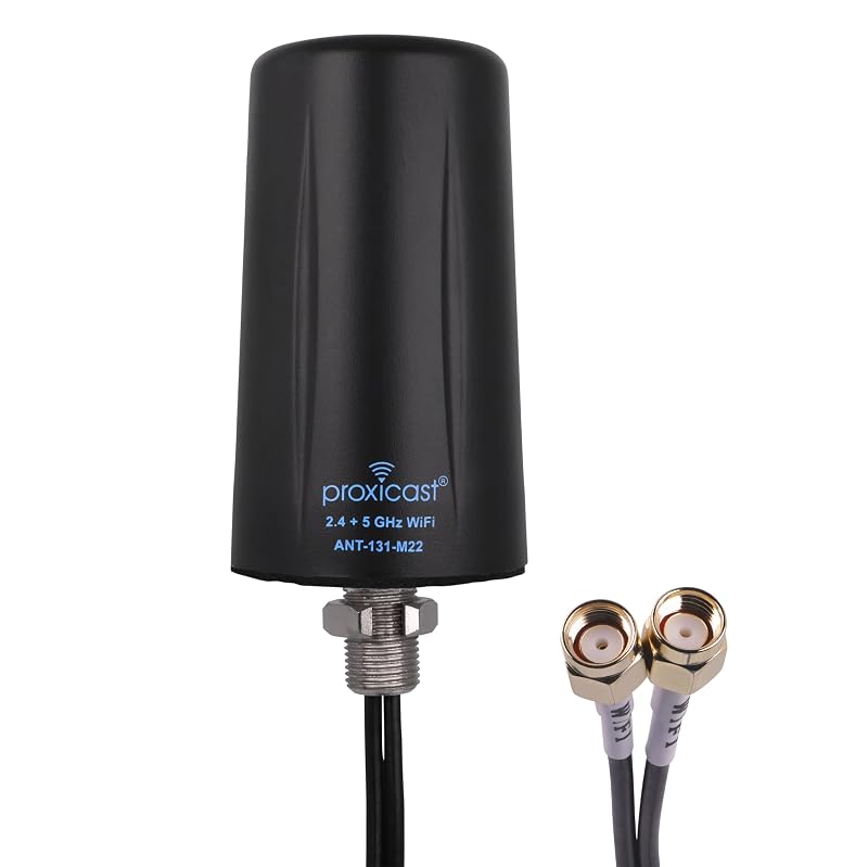Proxicast Indoor/Outdoor 2x2 MIMO Omnidirectional WiFi Antenna - Tri-Band 2.4/5.8/6 GHz - 3-5 dBi Gain - Vandal Resistant Low Profile Fixed Through-Hole Mount - 10 ft Coax Lead w/RP-SMA (ANT-131-M22) | Vandal-Resistant IP67 Wi-Fi Antenna for Kiosks & NEMA Enclosures - 3-5 dBi Gain - 10ft Cable with RP-SMA Male - ANT-131-M22