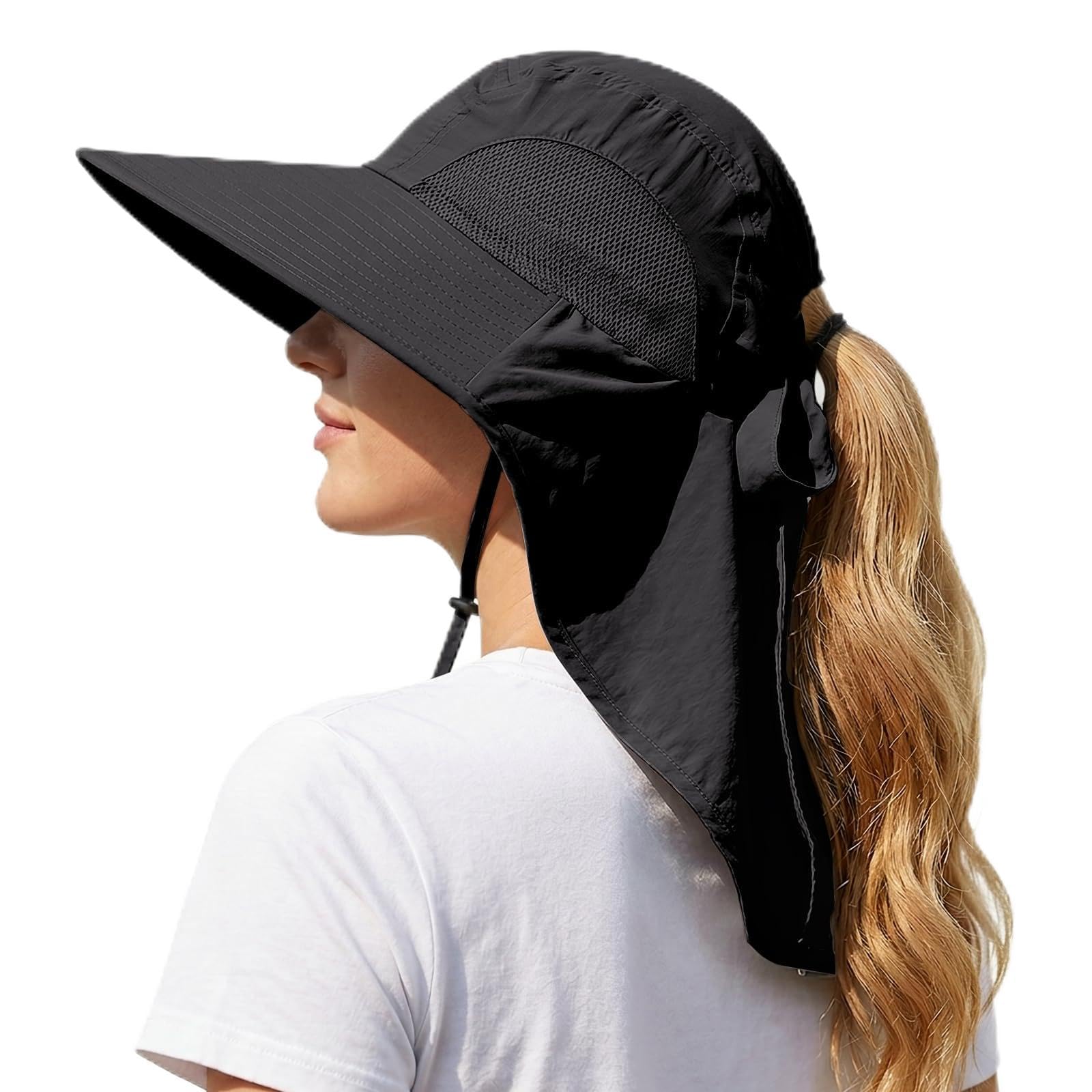 DRESHOW Outdoor Wide Brim Sun Hat with Neck Flap for Women UPF 50+ Foldable Adjustable Breathable Mesh UV Protection Beach Fishing Hats with Ponytail Hole