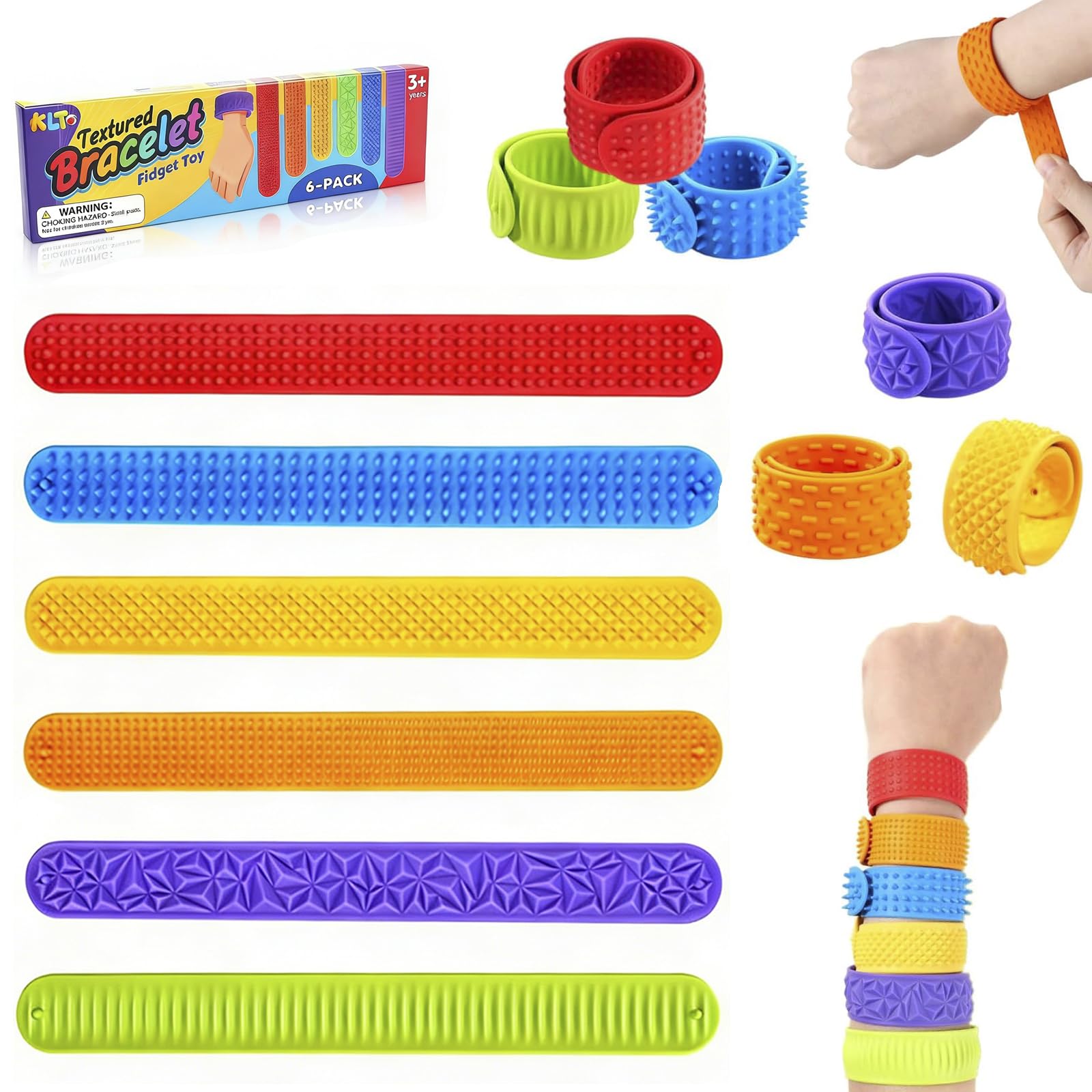 Sensory Slap Bracelets, 6 Pcs Silicone Textured Slap Bracelets, Durable Stretchable Calming Sensory Bands for Anxiety & Stress Relief ADHD Autism Equipment