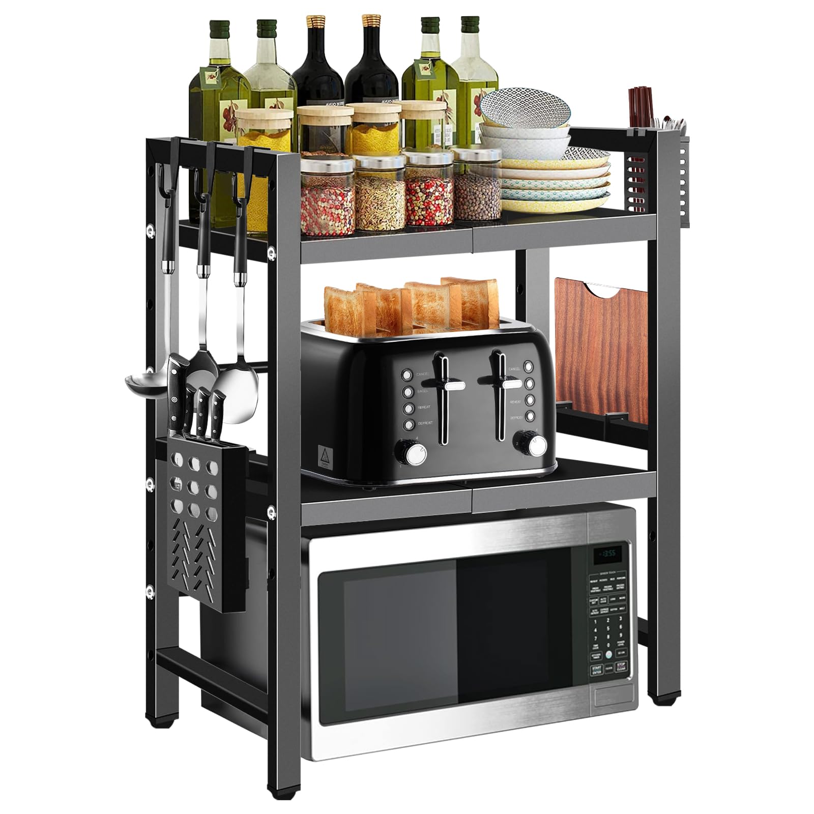 Sponsored Ad – Three Tier Expandable Microwave Rack Kit, Space Adjustable Microwave Shelf Stand with 6 Hooks + Cutting Board Holder + Utensil Holder for Kitchen Countertop Organizing (Extendable from 40-60cm)