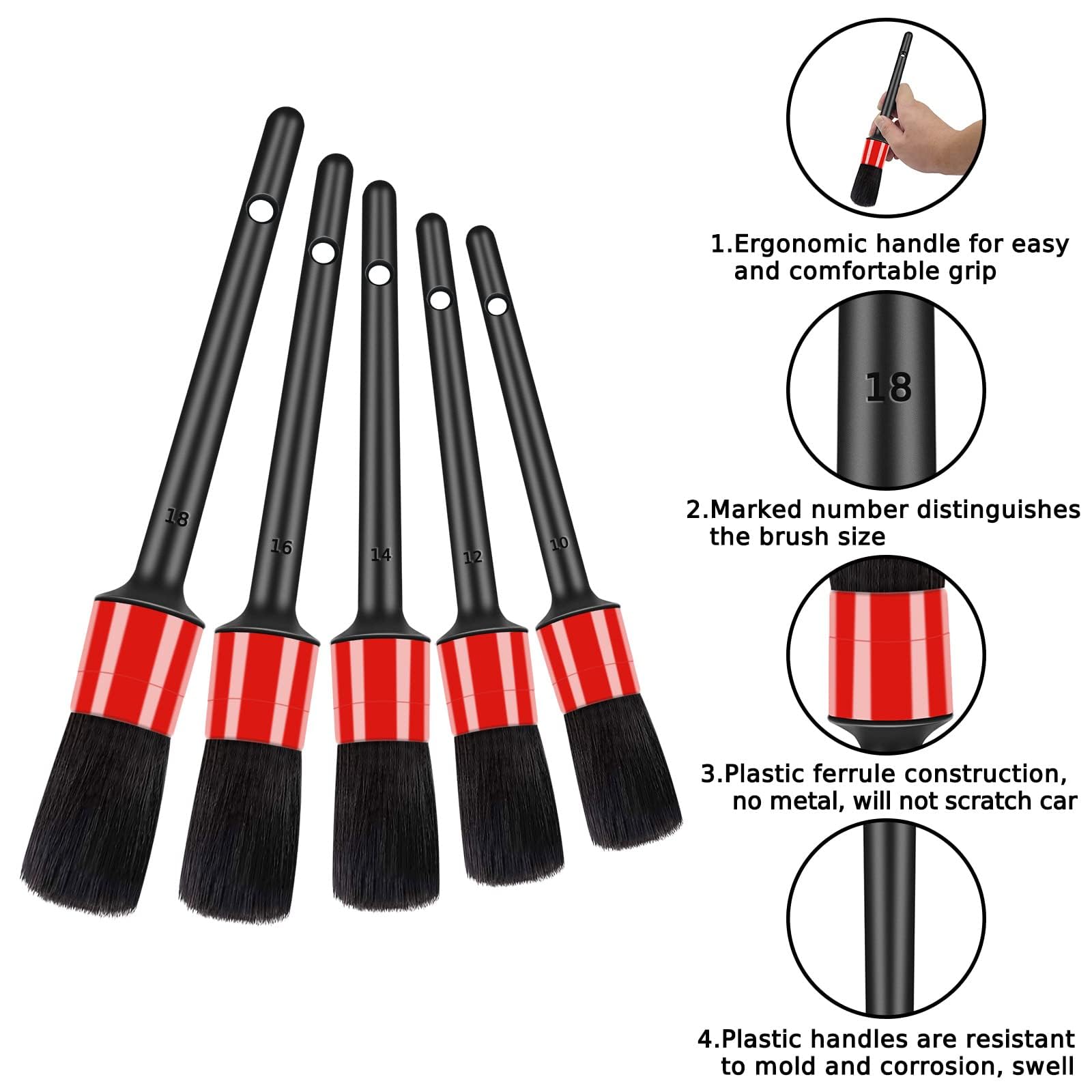Auto Detailing Brush Set, 5 Pcs Car Detailing Brushes, Car Detail Cleaning Brushes Kit for Car Exterior, Interior, Air Vents, Dashboard, Emblems, Engine, Wheel