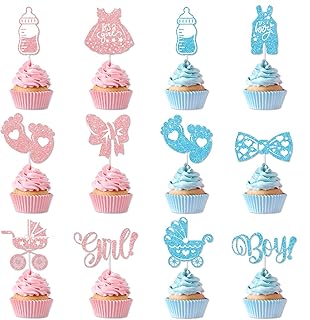 24 Pcs Baby Gender Reveal Cupcake Topper Set; Boy or Girl Themed Party Cake Decorating Props; For Baby Shower Gender Revea...