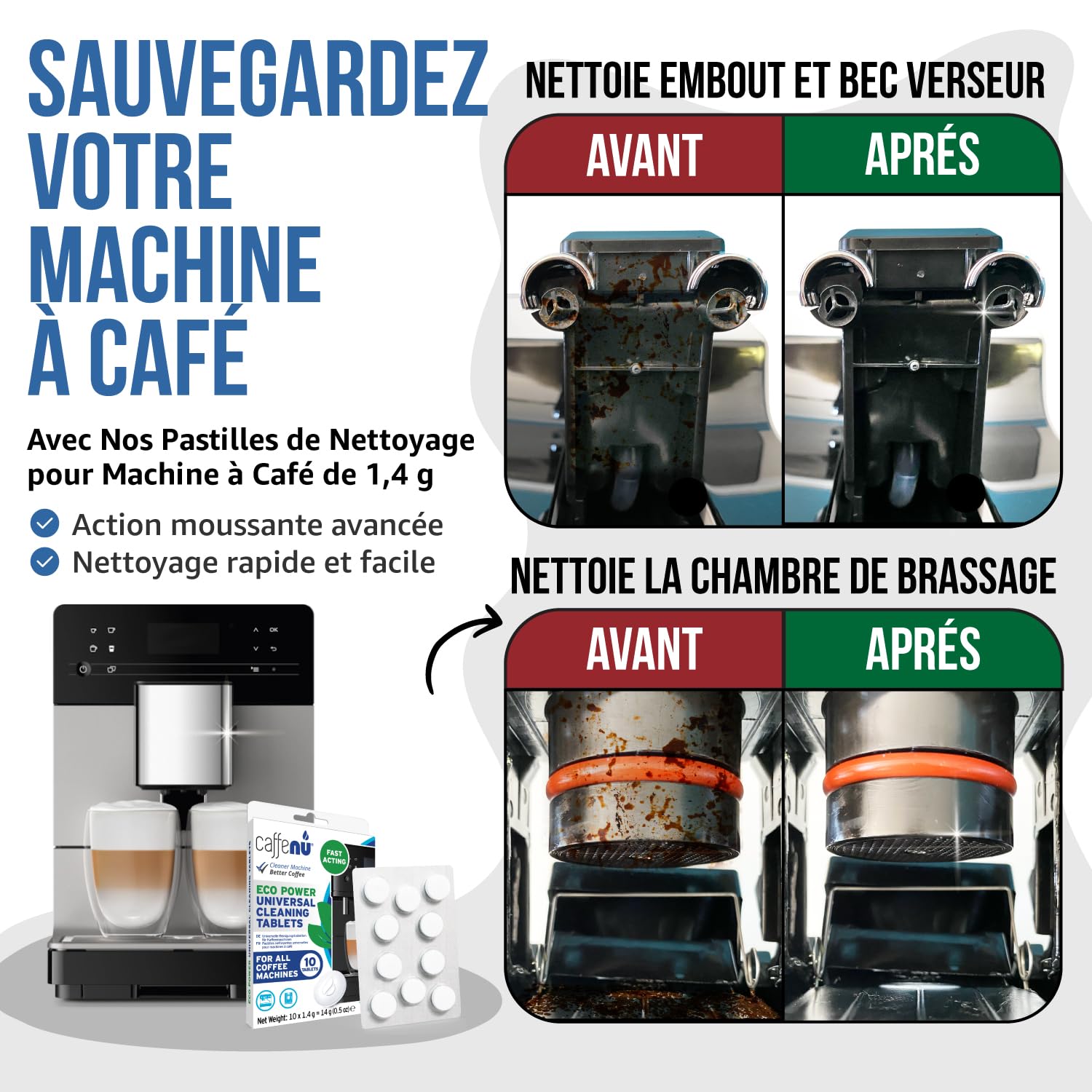 Caffenu Tablettes de nettoyage pour machine à café | 10 tablettes de 1,4 g | utilisées toutes les 100 tasses | pour voiture