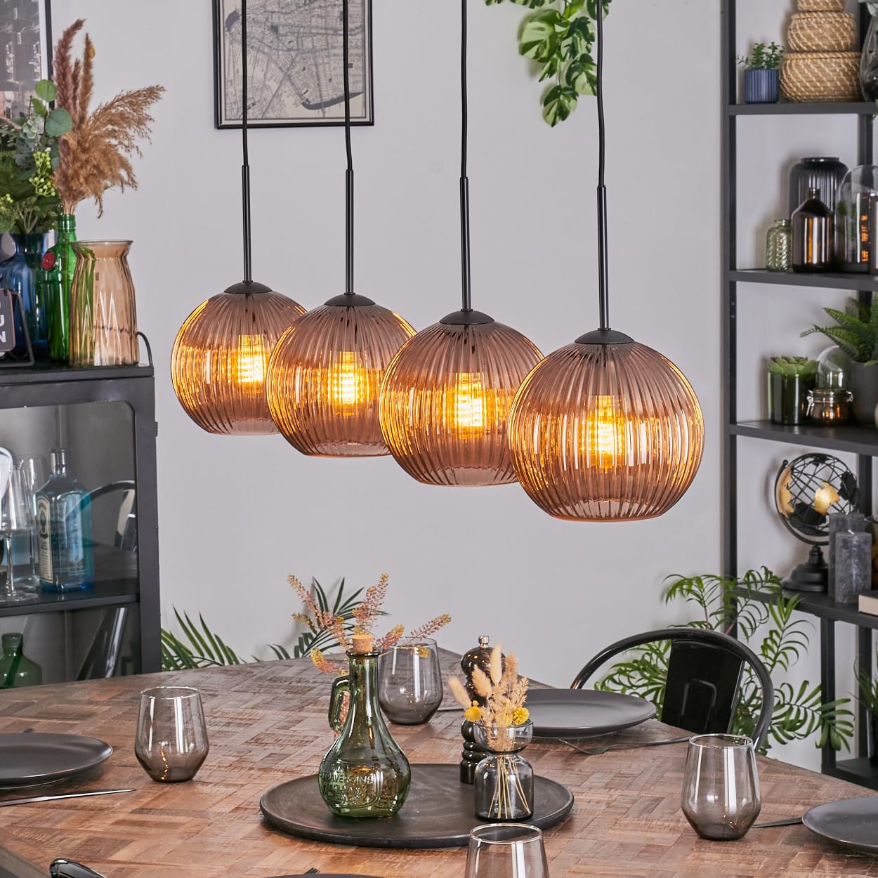 HOFSTEIN Koyoto Pendant Light, 4-Burner Metal/Fluted Glass Pendant lamp in Black/Copper, Modern Pendant Light in Retro/Vintage Design (Shades Ø 15 cm), E27, Dining Room, Kitchen, Living Room