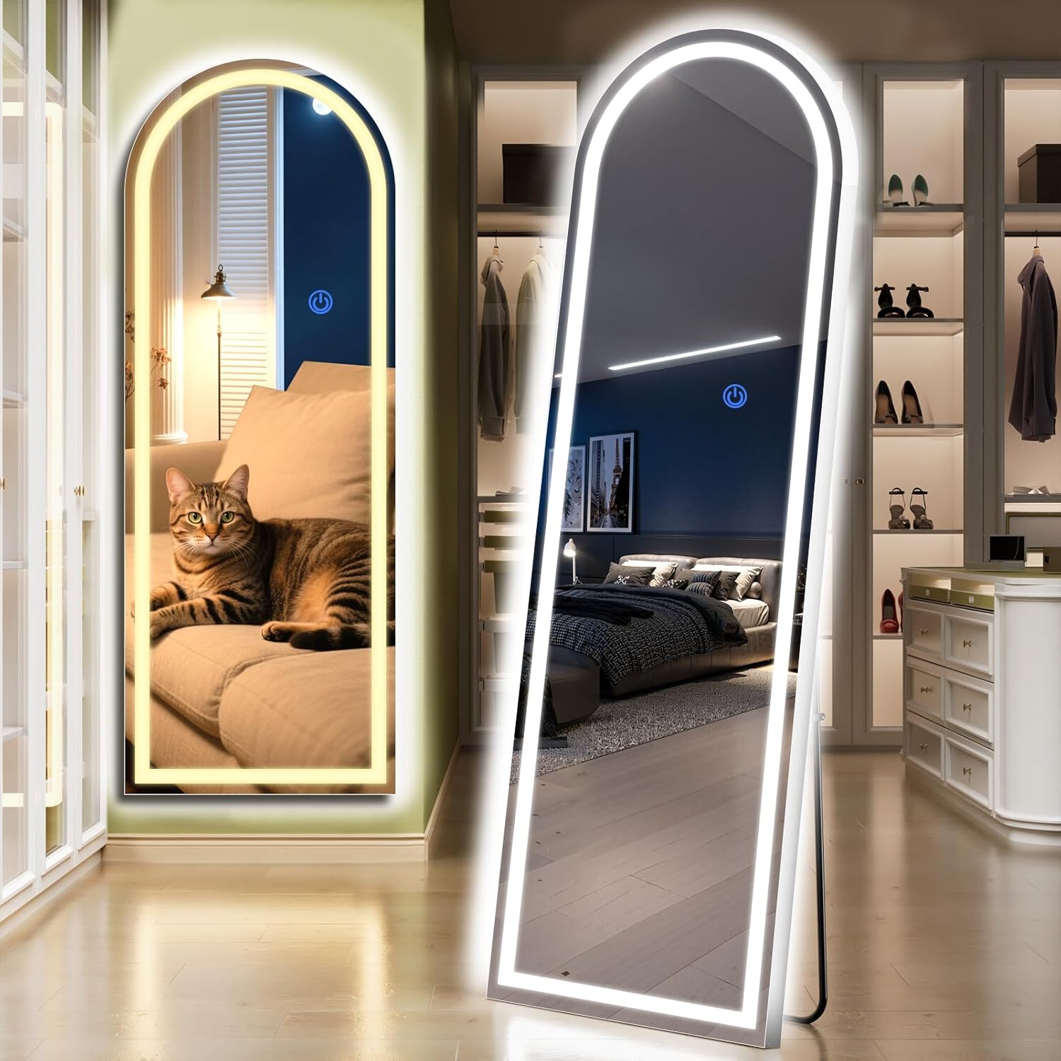 Arch Full Length Standing Mirror with LED Lights, 65"x24" Lighted Mirror with Dimming & 3 Color Lighting, Tall Mirror Full Body for Bedroom, Dressing Room