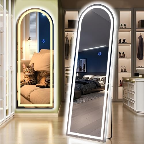 Arch Full Length Standing Mirror with LED Lights, 65"x24" Lighted Mirror with Dimming & 3 Color Lighting, Tall Mirror Full Body for Bedroom, Dressing Room