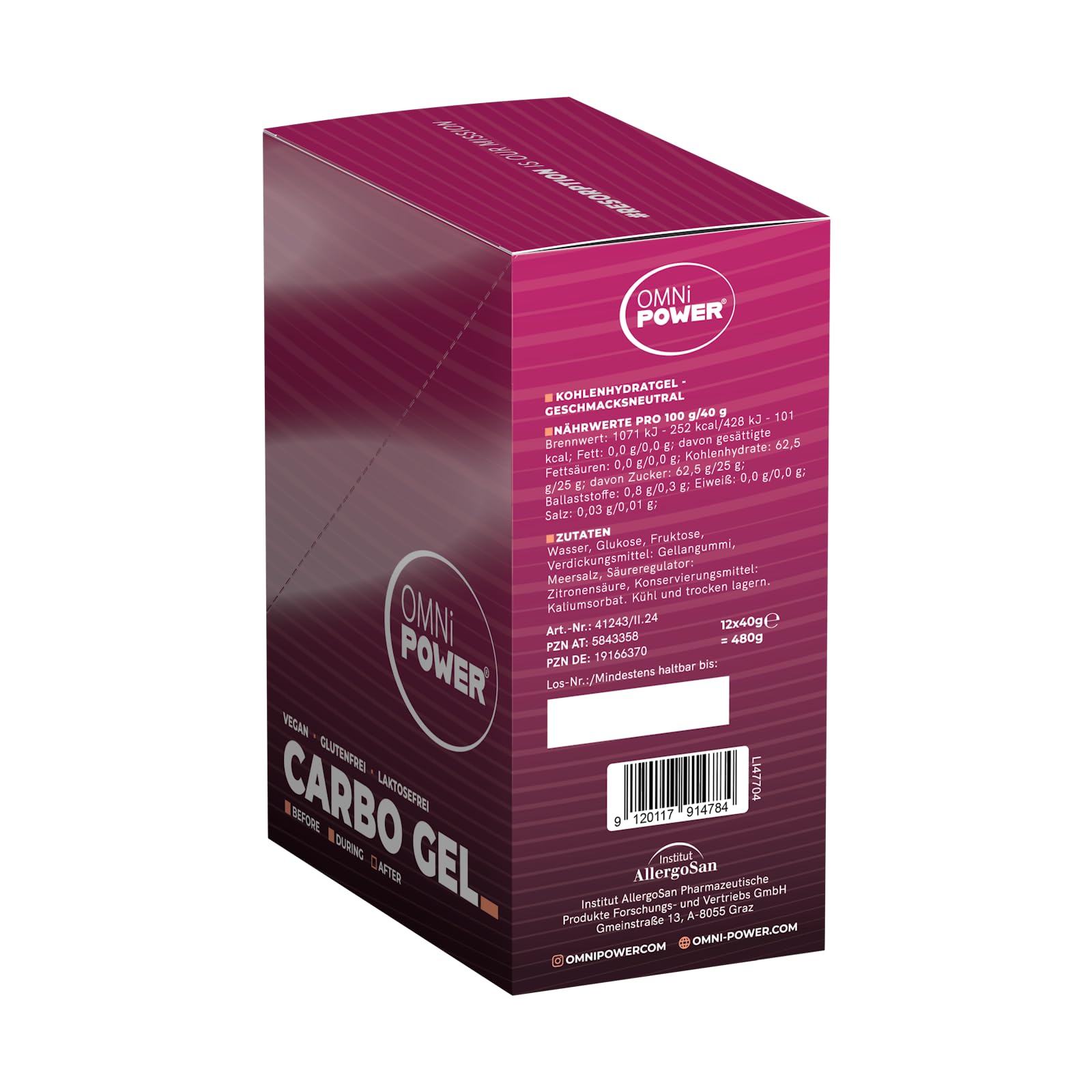 OMNi POWER Carbo Gel (12er Pack) | Energygel für schnelle und einfache Energie | Innovative gelartige Textur | 25 g Kohlenhydrate pro Portion | Geschmacksneutral | Vegan | 12 x 40 g Gel