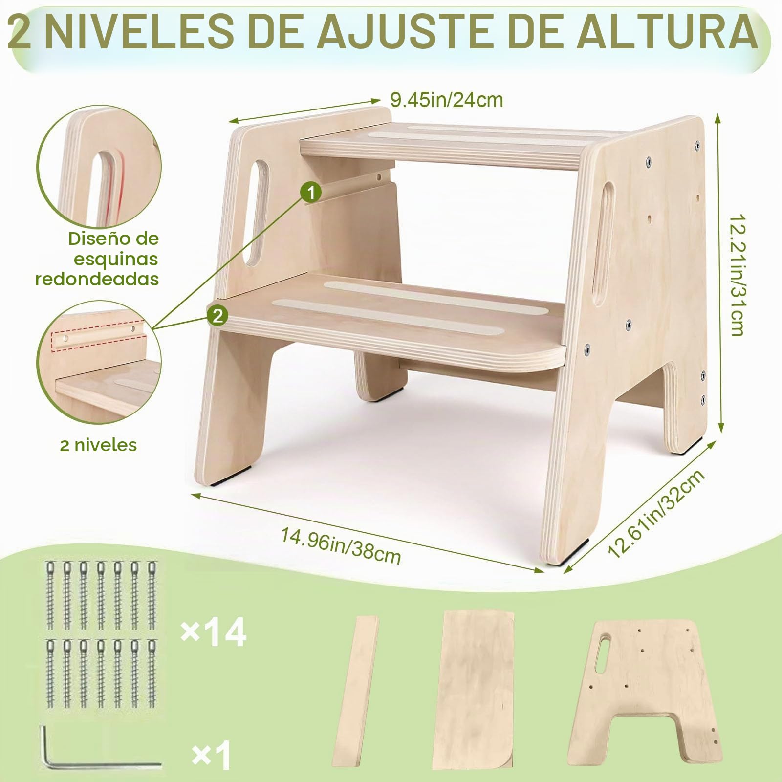 Kottwca Taburete infantil de 2 niveles, antideslizante, madera con asa, taburete estable, capacidad de carga de hasta 150 kg, reposapiés para niños, para baño, lavabo, cocina, habitación infantil