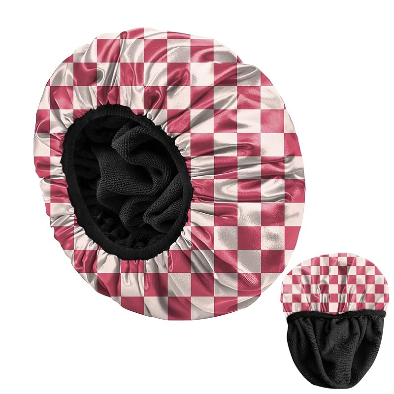 Touca de banho reutilizável BHAHB com forro de atoalhado, camada de EVA e elástico, Rosa com estampa xadrez
