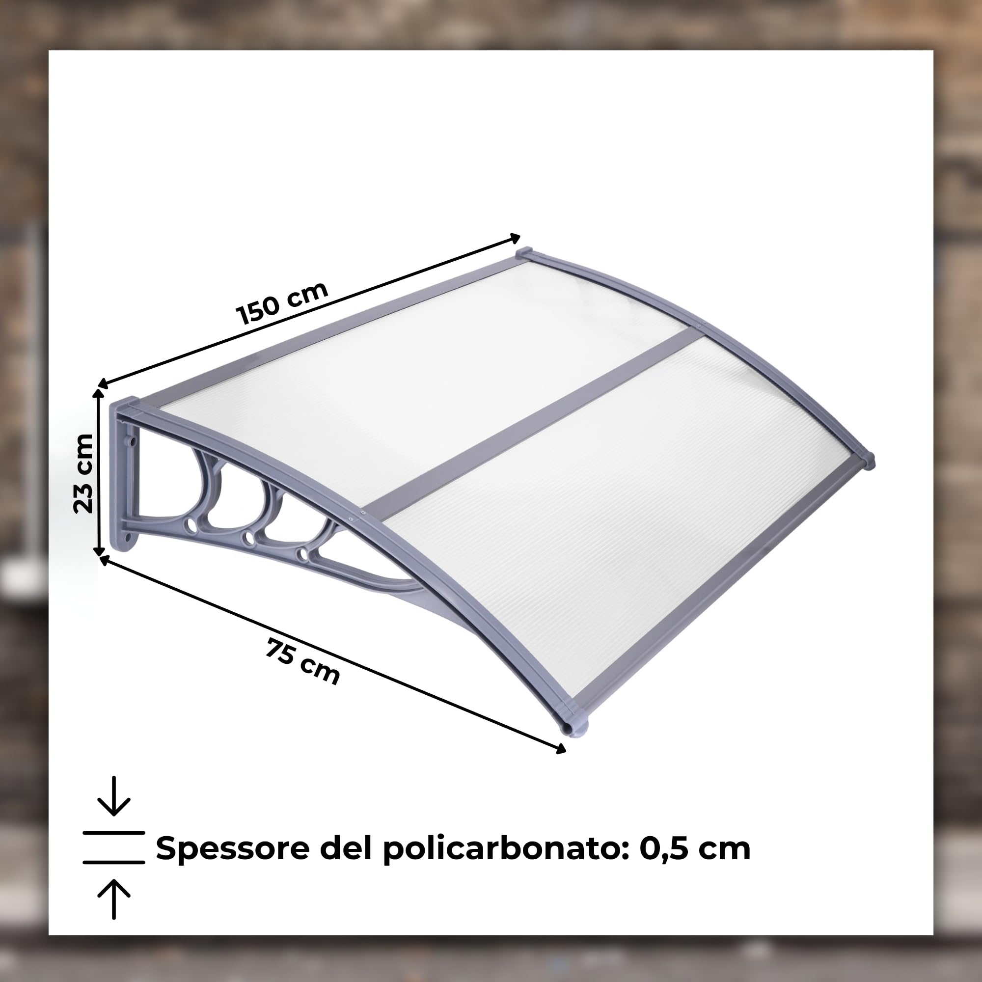 SPRINGOS Tettoia per porta d'ingresso, copertura di protezione per balcone, parapioggia, in alluminio e policarbonato, da 150 x 75 x 23 cm