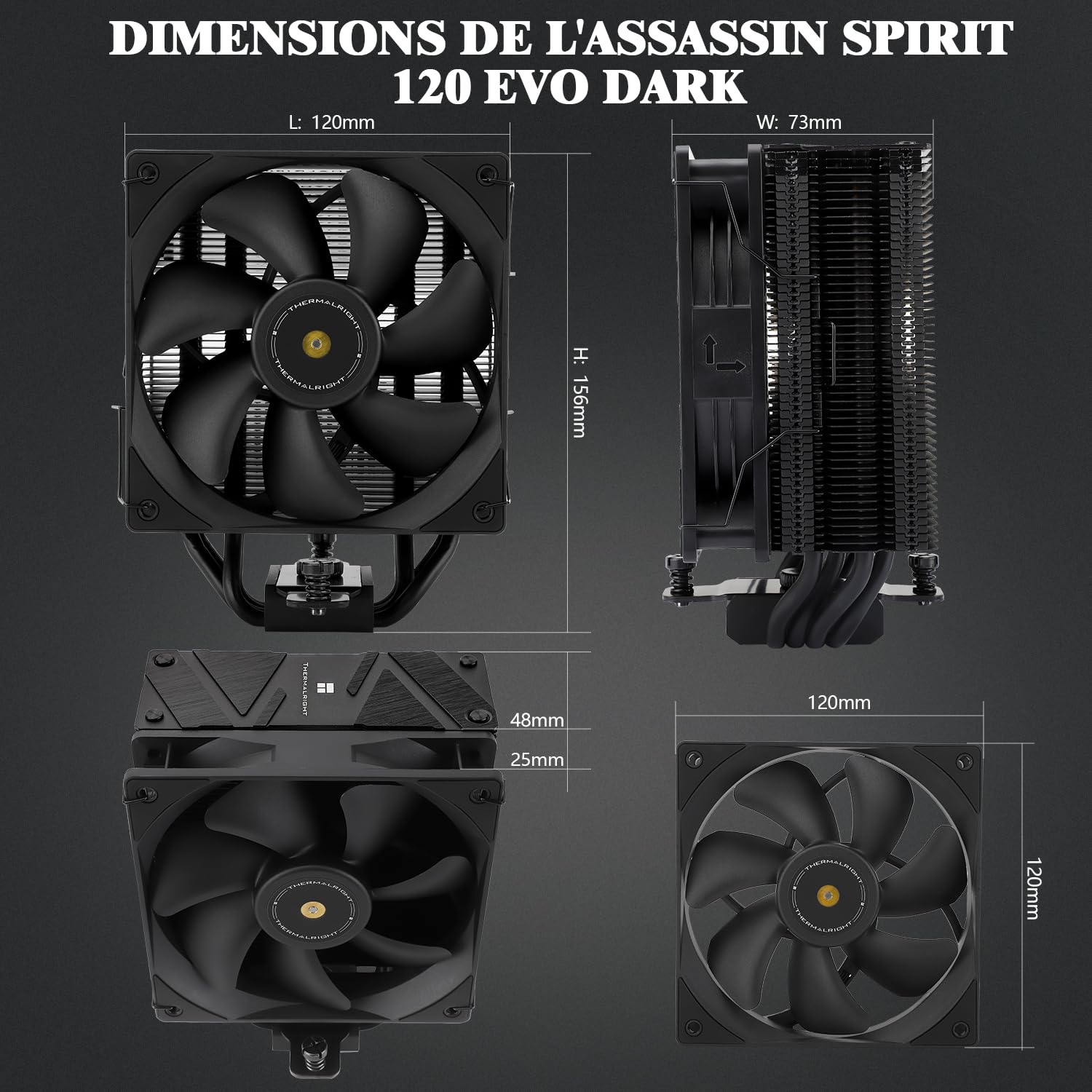 Thermalright TR Assassin Spirit 120 EVO DARK Air avec caloducs 4×6 mm, dissipateur thermique TL-E12B V2 PWM Fan, hauteur 156 mm, pour Intel 1700/115X/1200, AMD : AM4 AM5