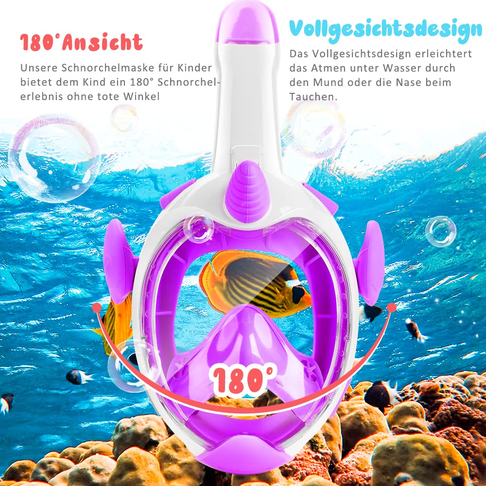 Máscara de esnórquel de unicornio para niños de 4 a 12 años, 180° HD, antivaho y antifugas, gafas de buceo para niños con esnórquel, máscara de esnorquel segura de CO2 (morado)