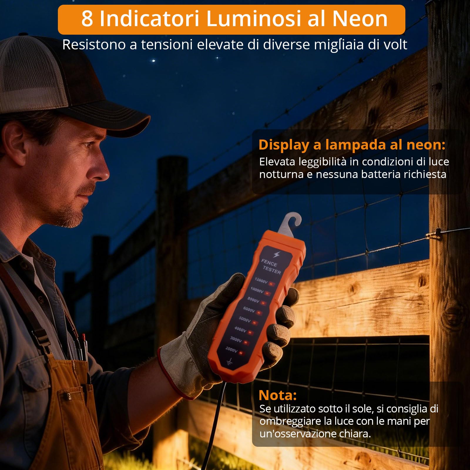 Neoteck Tester per Recinzione Elettrica 2K-12KV con 8 Spie Neon Tester Recinto Elettrico Senza Batteria in ABS per Controllo Tensione da 2000V a 12000V su Fili e Nastri per Allevamenti, Fattoria
