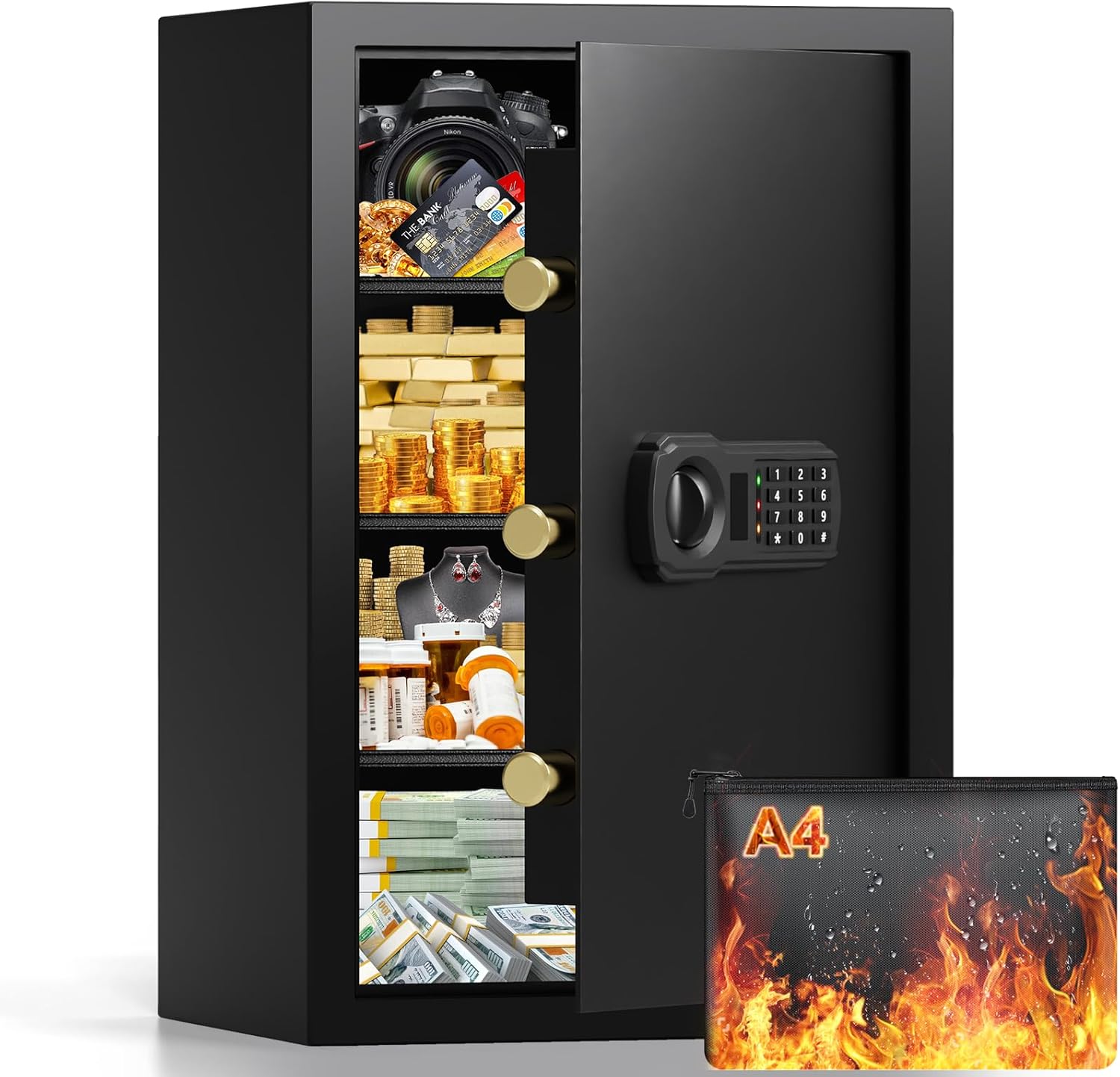 23.62'' Tall Safe Box, 5.0 Cuft Home Safety Box with A4 Fireproof Waterproof Bag, Anti-Theft Security Document Safe with Combination Lock & 3 Removable Shelves, Large Safes for Home Cash Medicines 23.62" x 12.2"D x 14.96"W