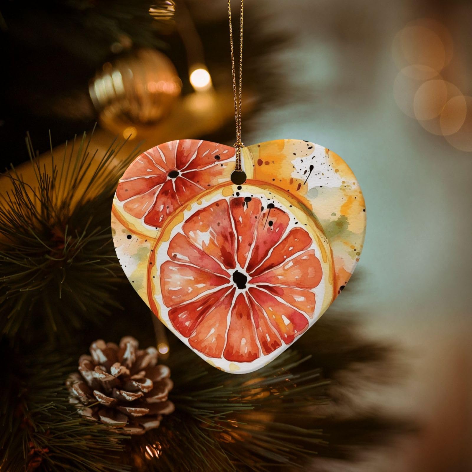 Christmas Tree Ornaments Ceramics Christmas Decorations Watercolor Orange Slice Ornaments with Gold Ribbon Porcelain Xmas Tree Crafts Heart Shape Hanging Pendant for Christmas Tree Party Decor