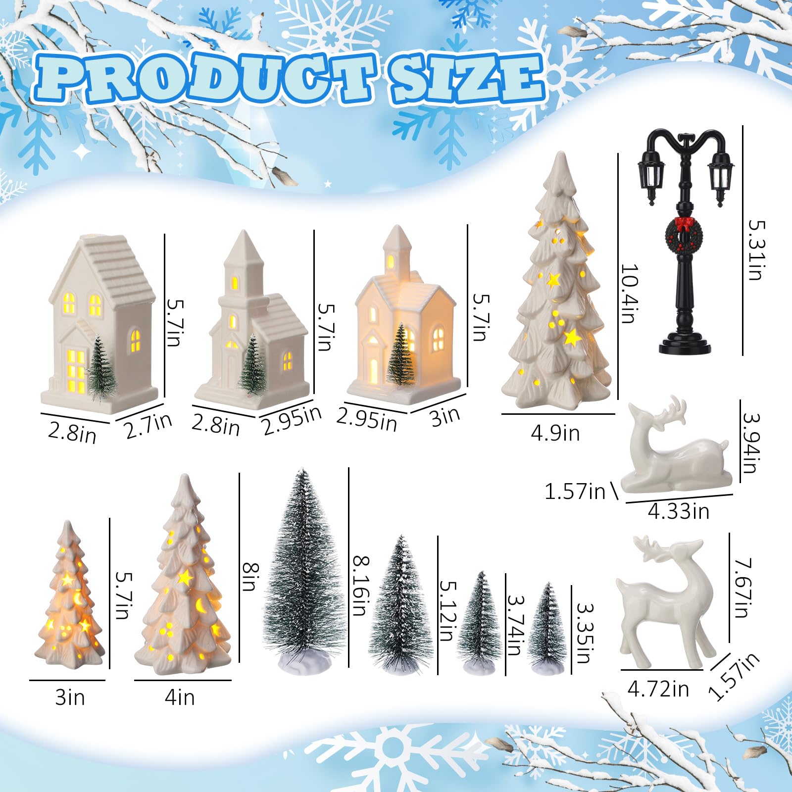 Nuogo Lot de 14 maisons de village de Noël à LED en céramique blanche avec sapin de Noël, figurine de renne en porcelaine, petit lampadaire, décoration de village d'hiver pour cheminée de table de