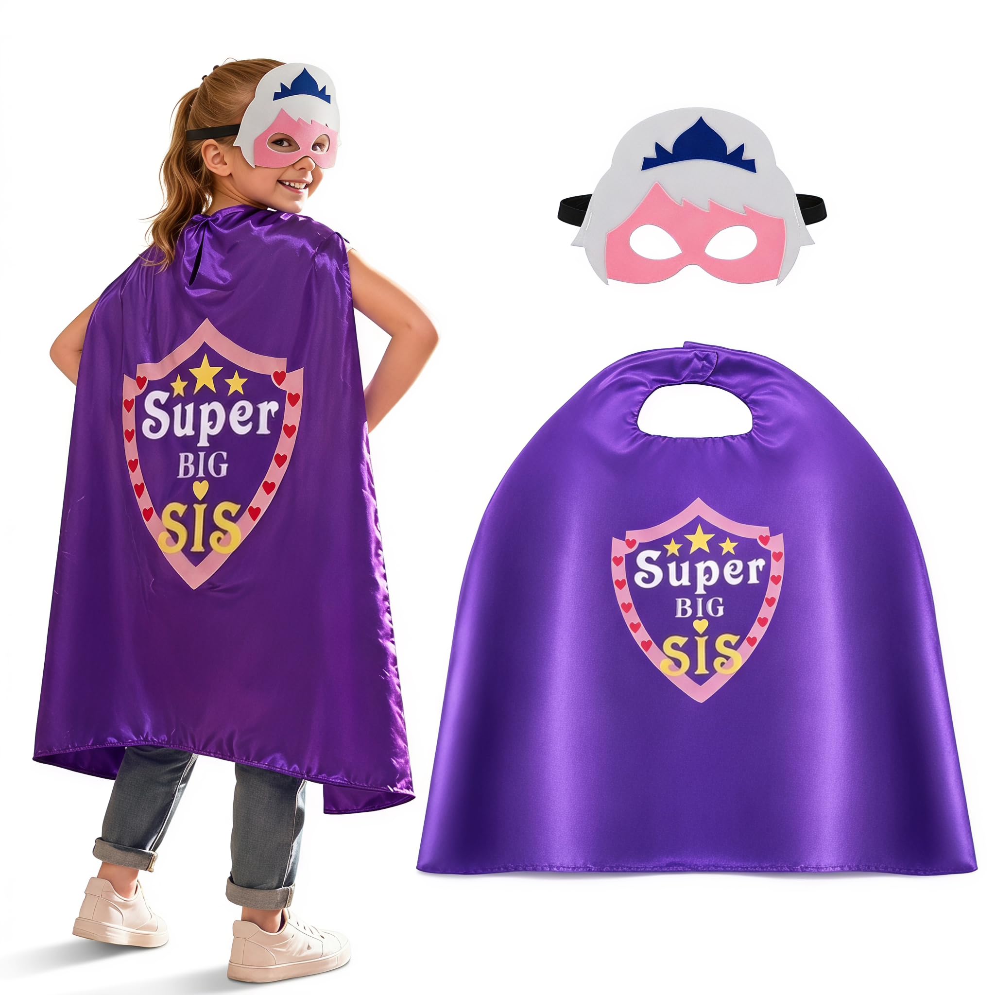 YCDKK Big Sister Gifts Cape Outfit for Girls, New Baby Announcement Superhero Dress Up Set with Princess Mask, Promoted Big Sister Gift for Kids Role Play & Halloween Costume, Purple