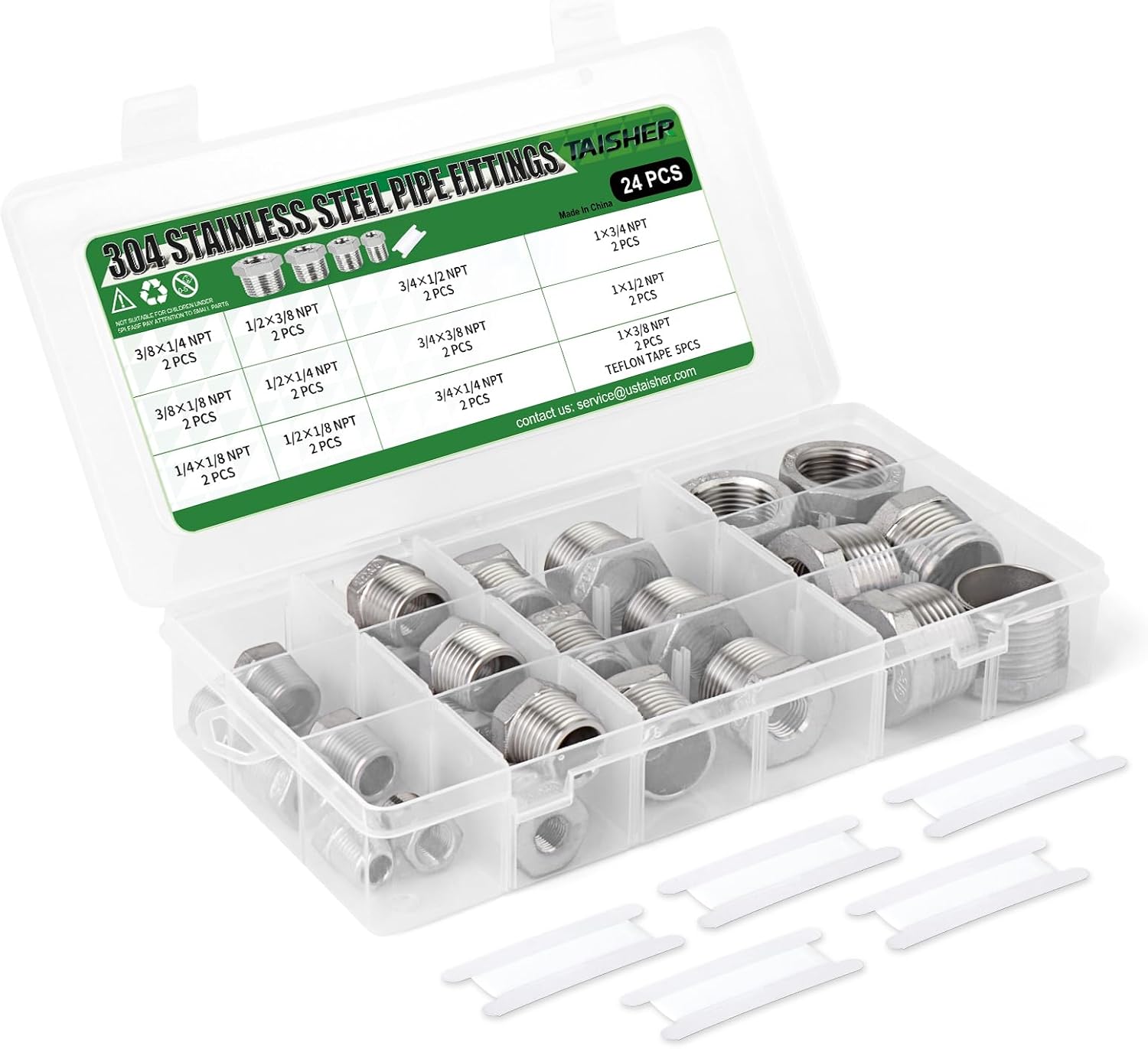 TAISHER 24PCS 304 Stainless Steel Reducer Hex Bushing Fitting Kit，Thread Pipe Adapter Fitting