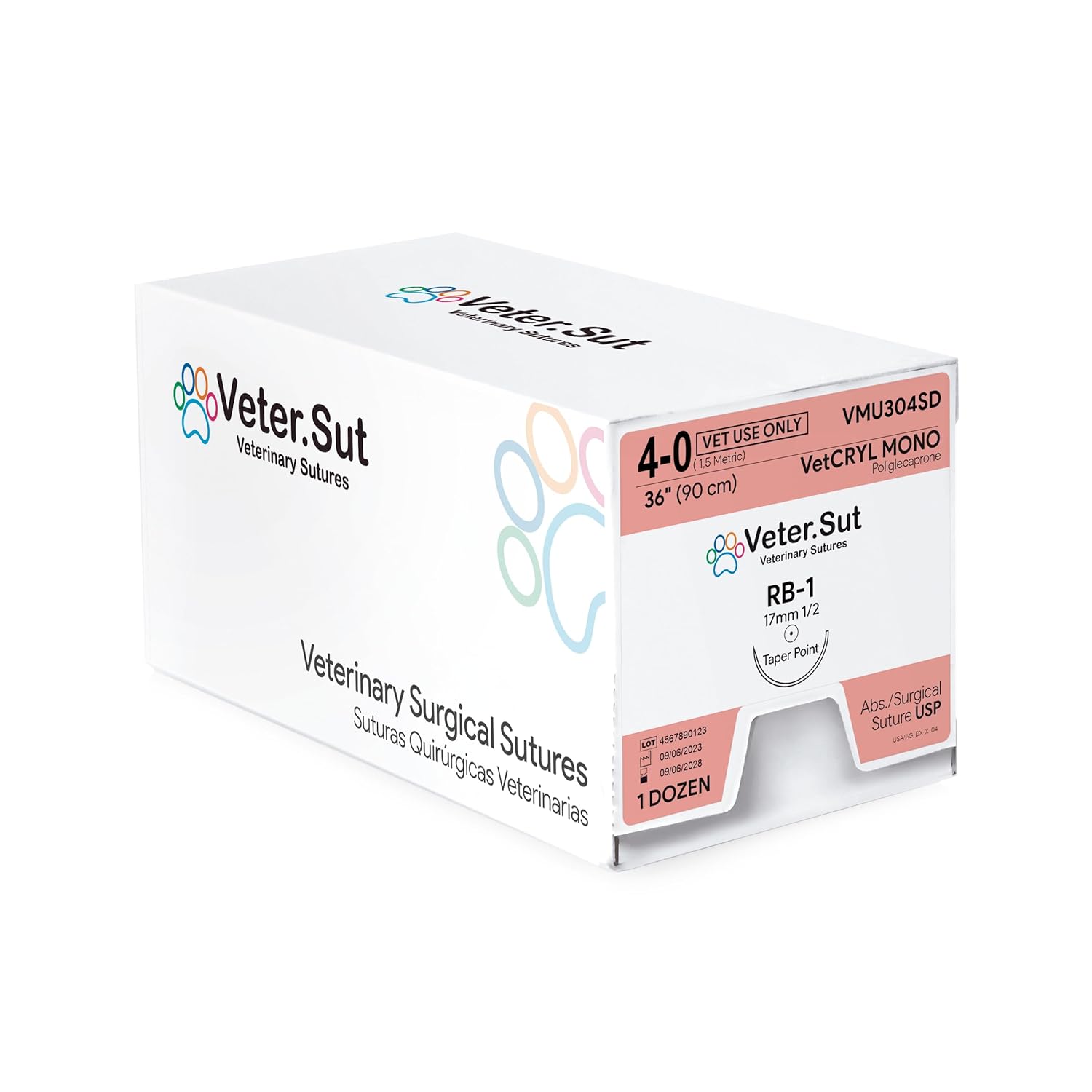 VeterSut VetCRYL Mono Poliglecaprone Surgical Suture 4-0, (RB-1) 1/2 17mm Taper Point 36", 12 Count, Veterinary Use