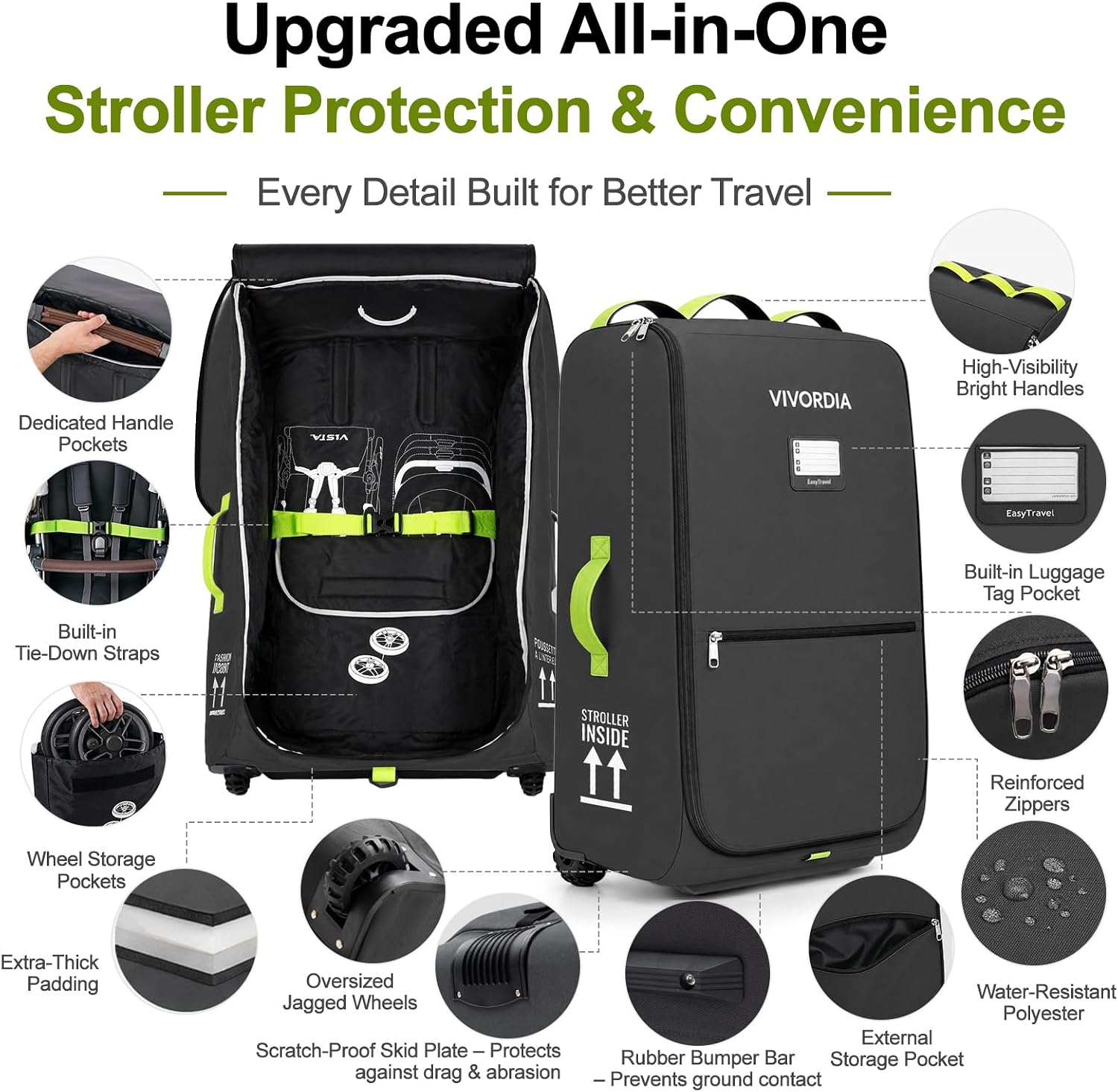 Stroller Travel Bag for Airplane,Compatible with UPPAbaby Vista V1/V2/V3,Cruz V1/V2/V3, Padded Gate Check Stroller Bag with Large Jagged Wheels, Reinforced Bottom, External Pocket (Black)