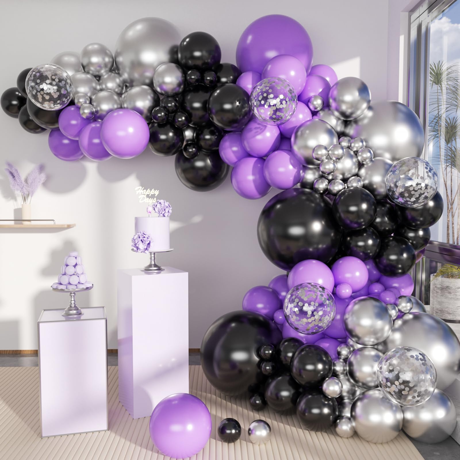 MEBAY Black Purple and Silver Balloons Arch Kit, 146 Pcs Matte Black Light Purple Confetti Chrome Silver Balloons for Graduation Birthday Party Baby