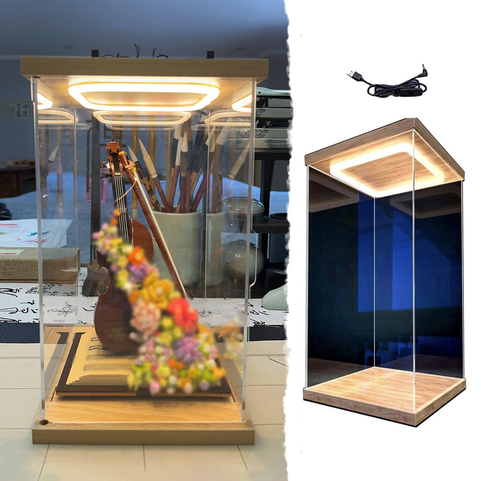 Vitrina de Acrílico Vitrina Alta de PVC Transparente con Luz LED, Caja de Acrílico para Exhibir Figuras de Trofeos, Vitrina para Figuras a Prueba de Polvo Puerta, Contenedores(30x40x60cm/12x16x24in)