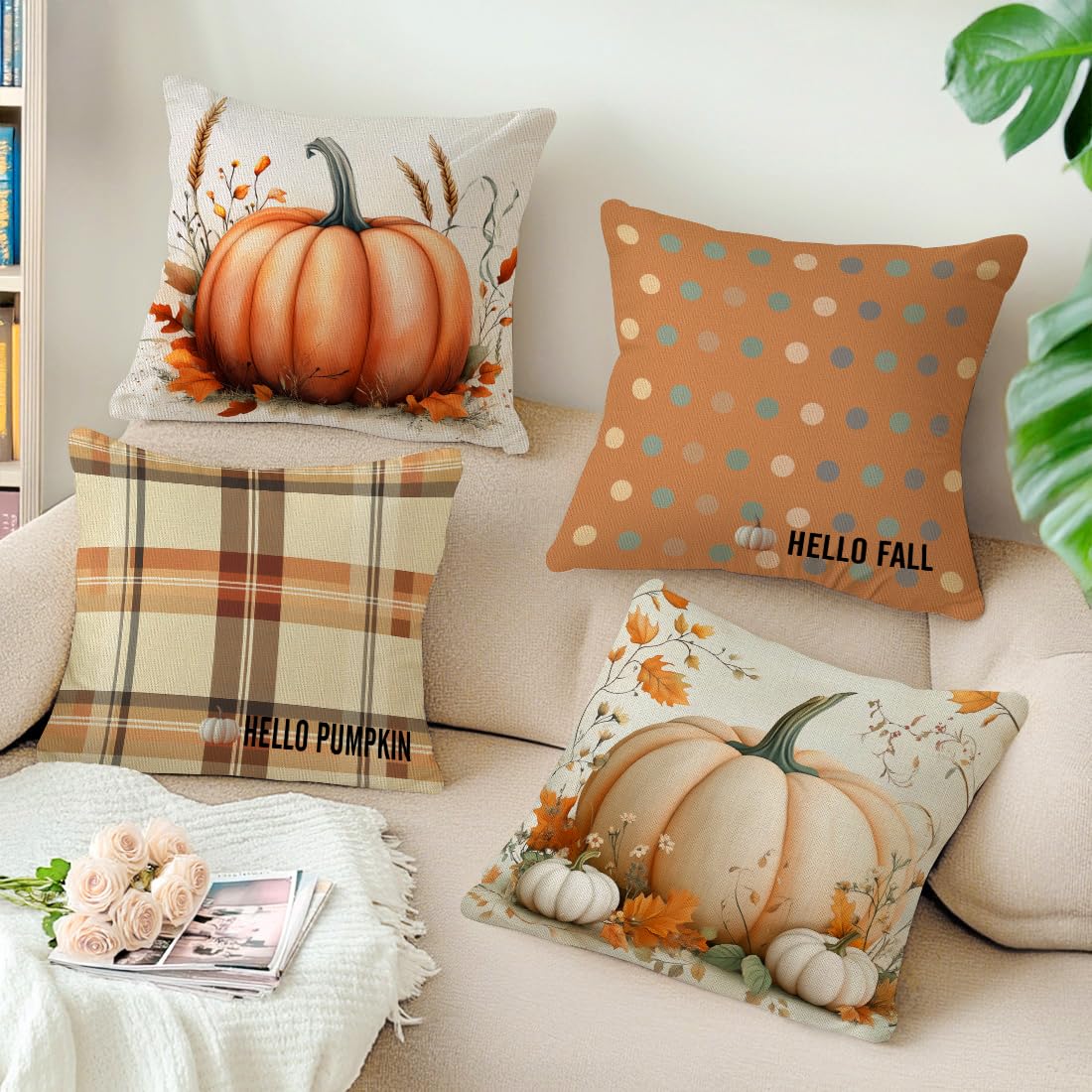 LANBEIDE Autumn Cushion Cover 45x45 Set of 4, Hello Fall Polka Dot Pumpkins 18x18 Inch Fall Pillow Covers Orange Thanksgiving Pillow Case for Indoor Home Bedroom Couch Sofa Decor - Image 2