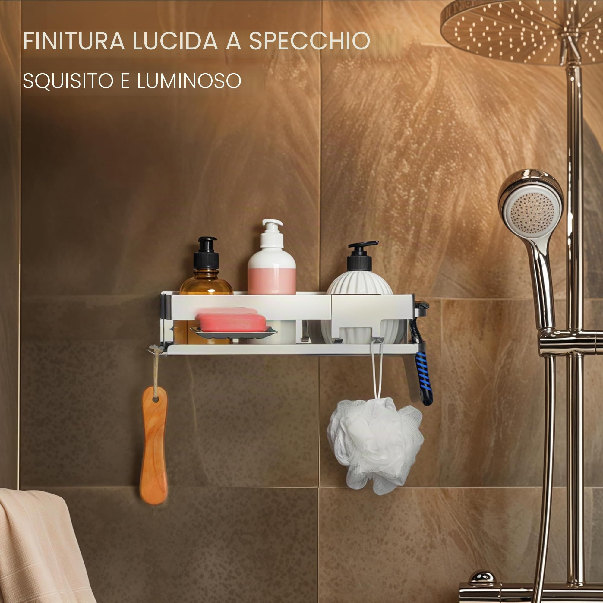BELLE VOUS Mensola Doccia - Mensola Porta Bagnoschiuma da Bagno - Installazione Senza Foratura - Adesiva in Acciaio Inox - Organizer per Oggetti e Accessori - Soluzione 5-in1